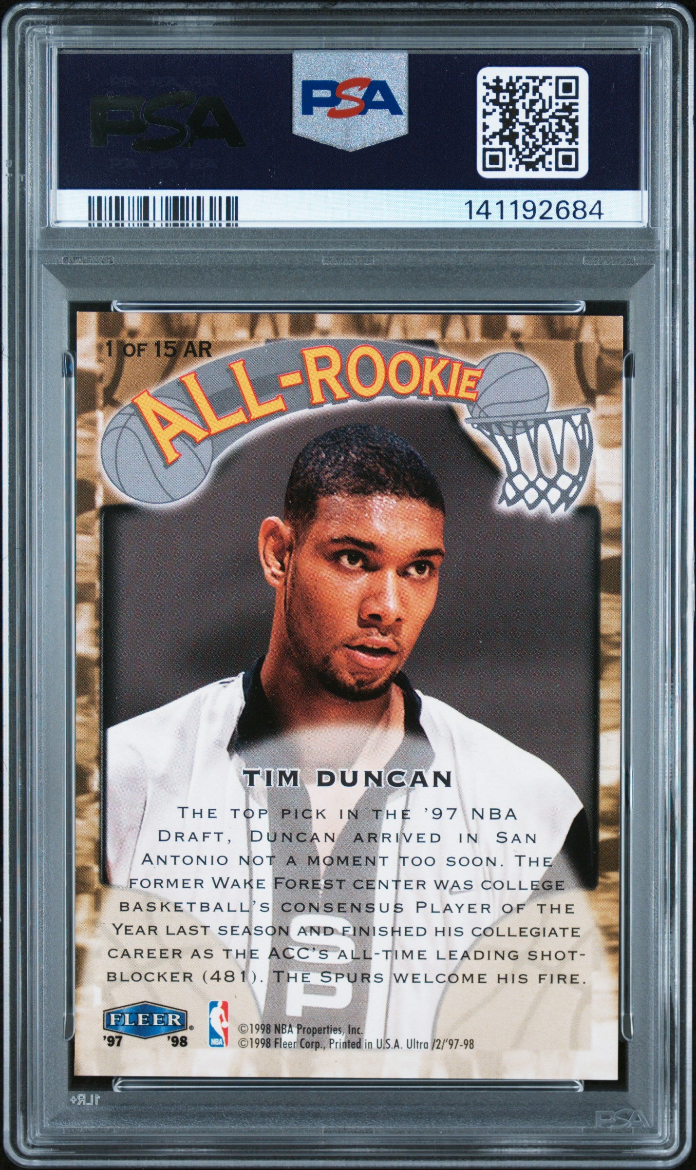 1997-98 Ultra Tim Duncan #1 AR All-Rookie PSA 9 San Antonio Spurs