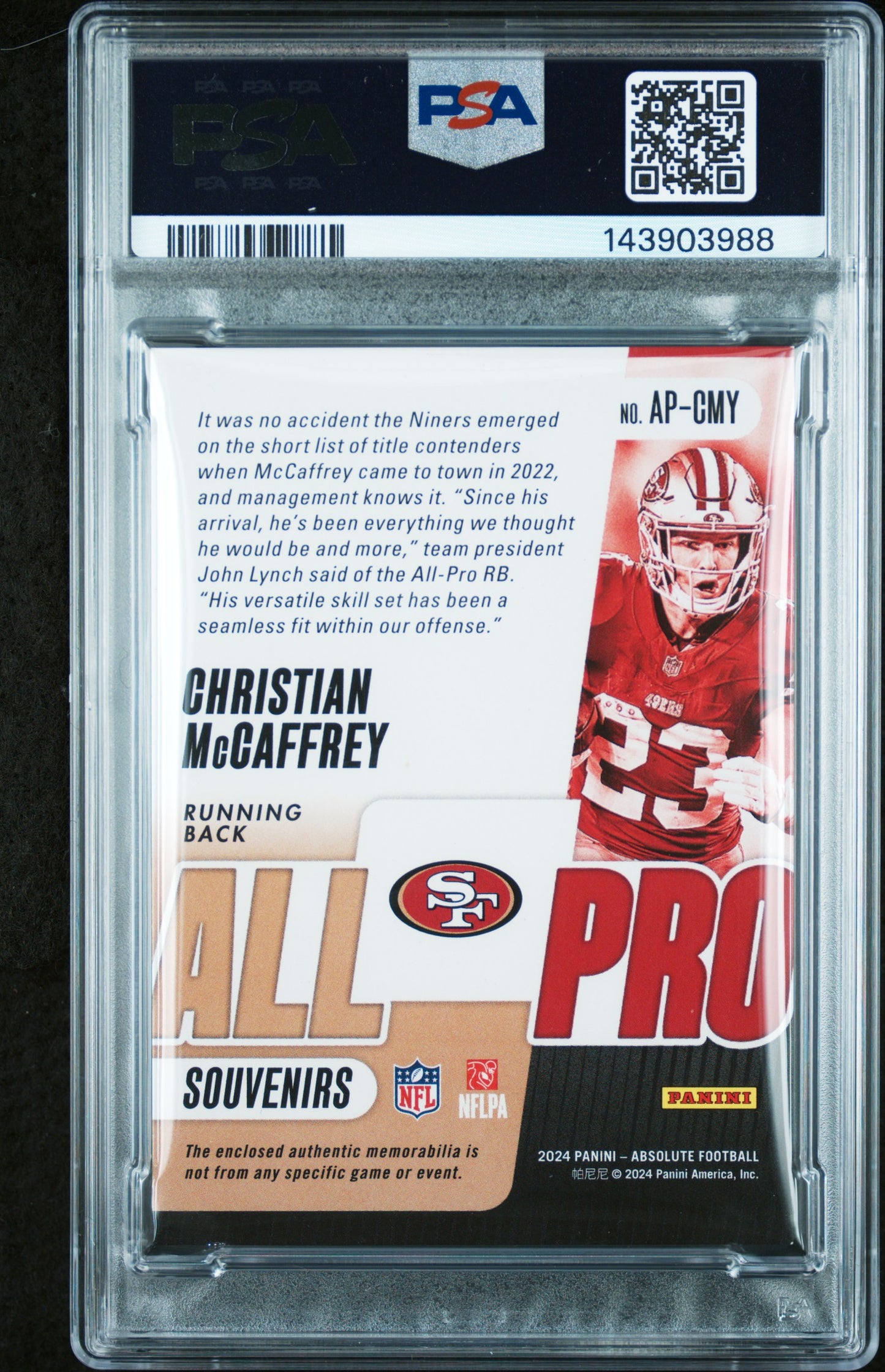 2024 Panini Absolute Christian McCaffrey #AP-CMY All Pro Souvenirs Gold #/99 PSA 8 San Francisco 49ers