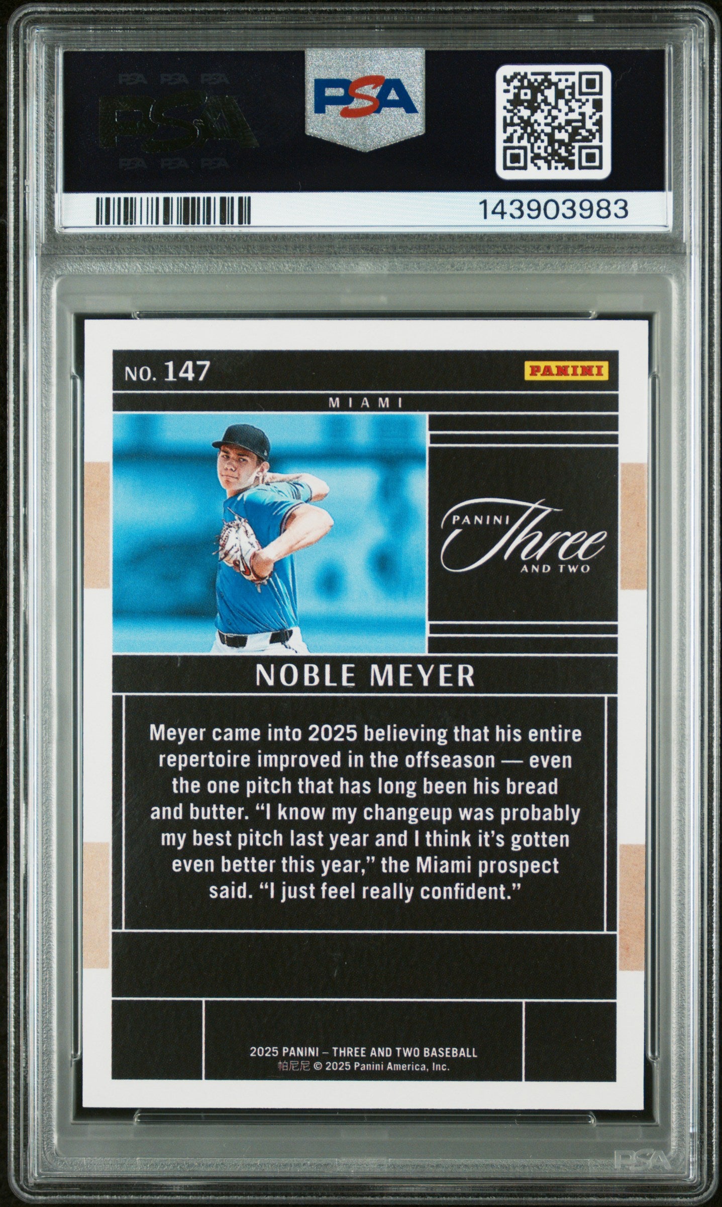 2025 Panini Three and Two Noble Meyer #147 Holo Silver #/49 PSA 10 Miami Marlins
