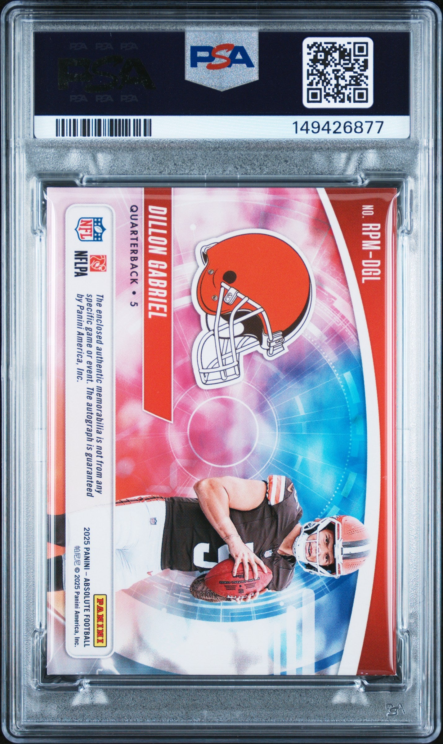 2025 Panini Absolute Dillon Gabriel #RPM-DGL Rookie Premiere Materials Autos Quad #/299 PSA 8 Cleveland Browns