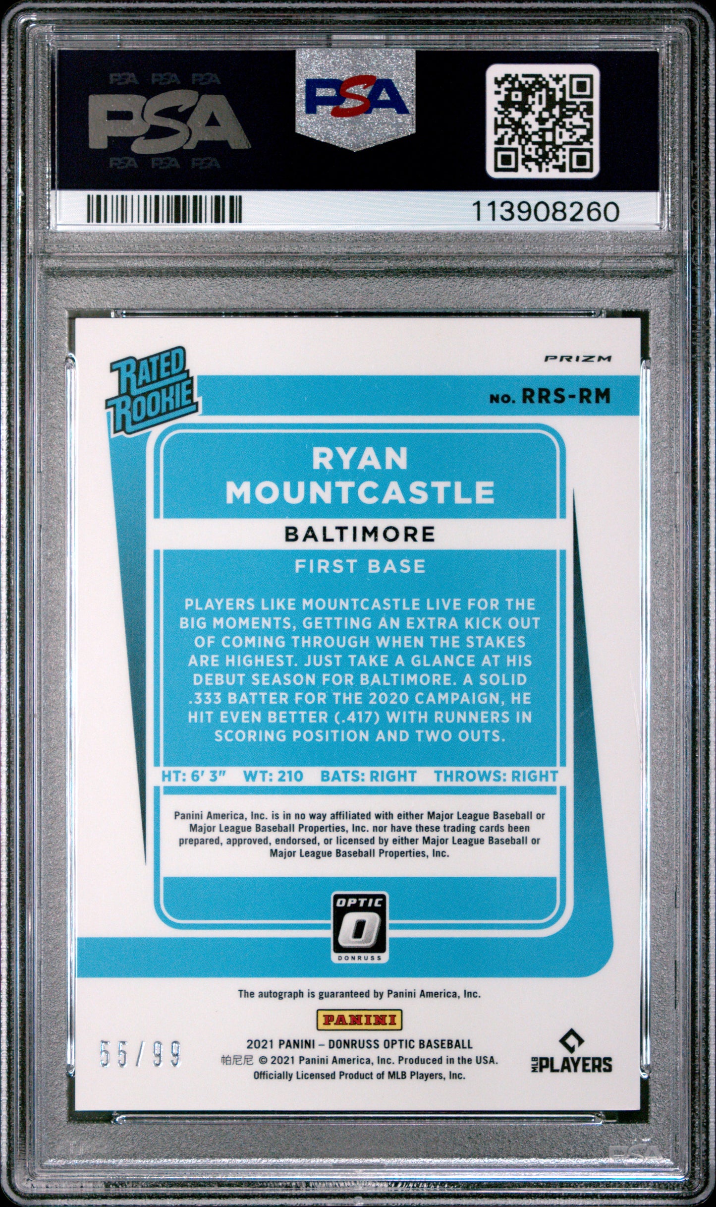 2021 Donruss Optic Ryan Mountcastle #RRS-RM Rated Rookie Signatures Green Mojo #/99 PSA 8 Baltimore Orioles