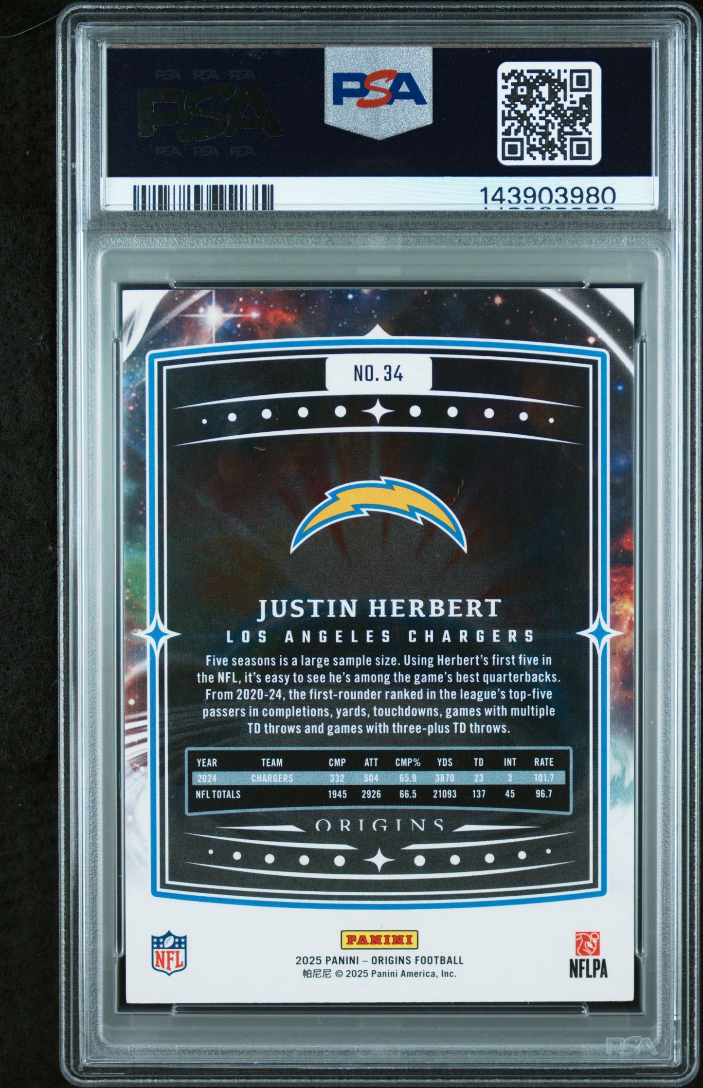2025 Panini Origins Justin Herbert #34 Red #/225 PSA 7 Los Angeles Chargers
