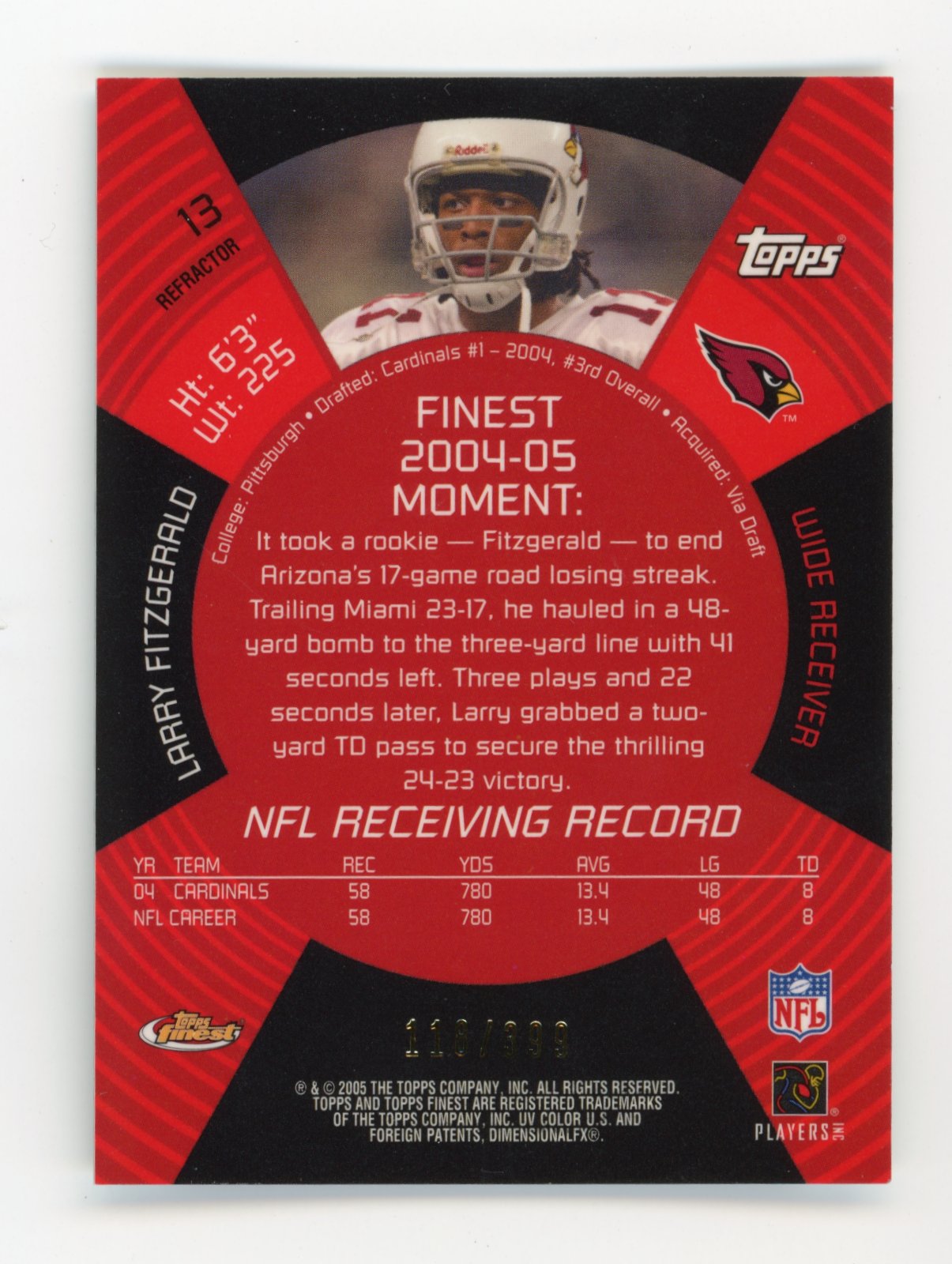 2005 Finest Larry Fitzgerald #13 Refractors #/399 Arizona Cardinals