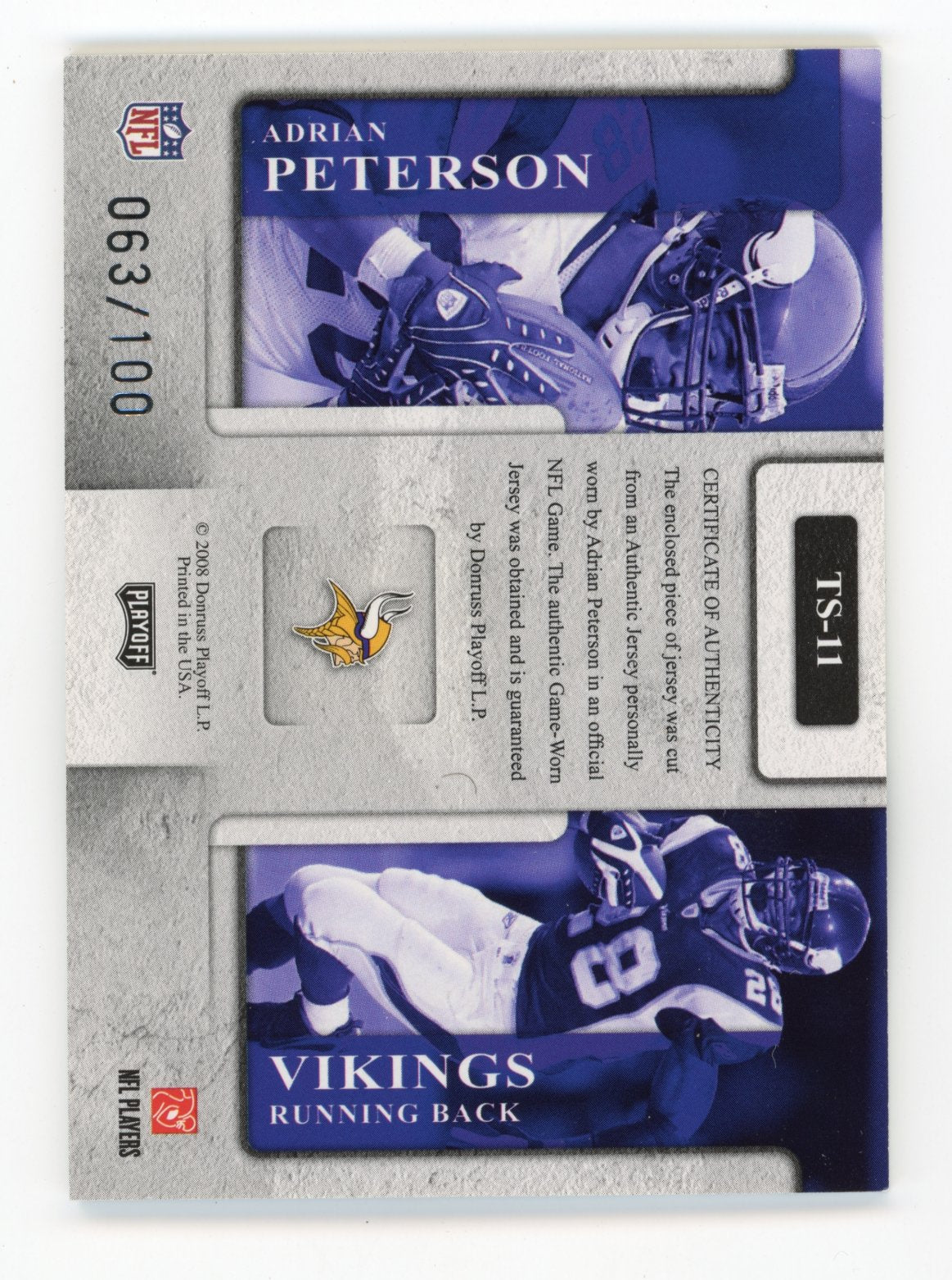 2008 Playoff Prestige Adrian Peterson #TS-11 TD Sensations Materials #/100 Minnesota Vikings