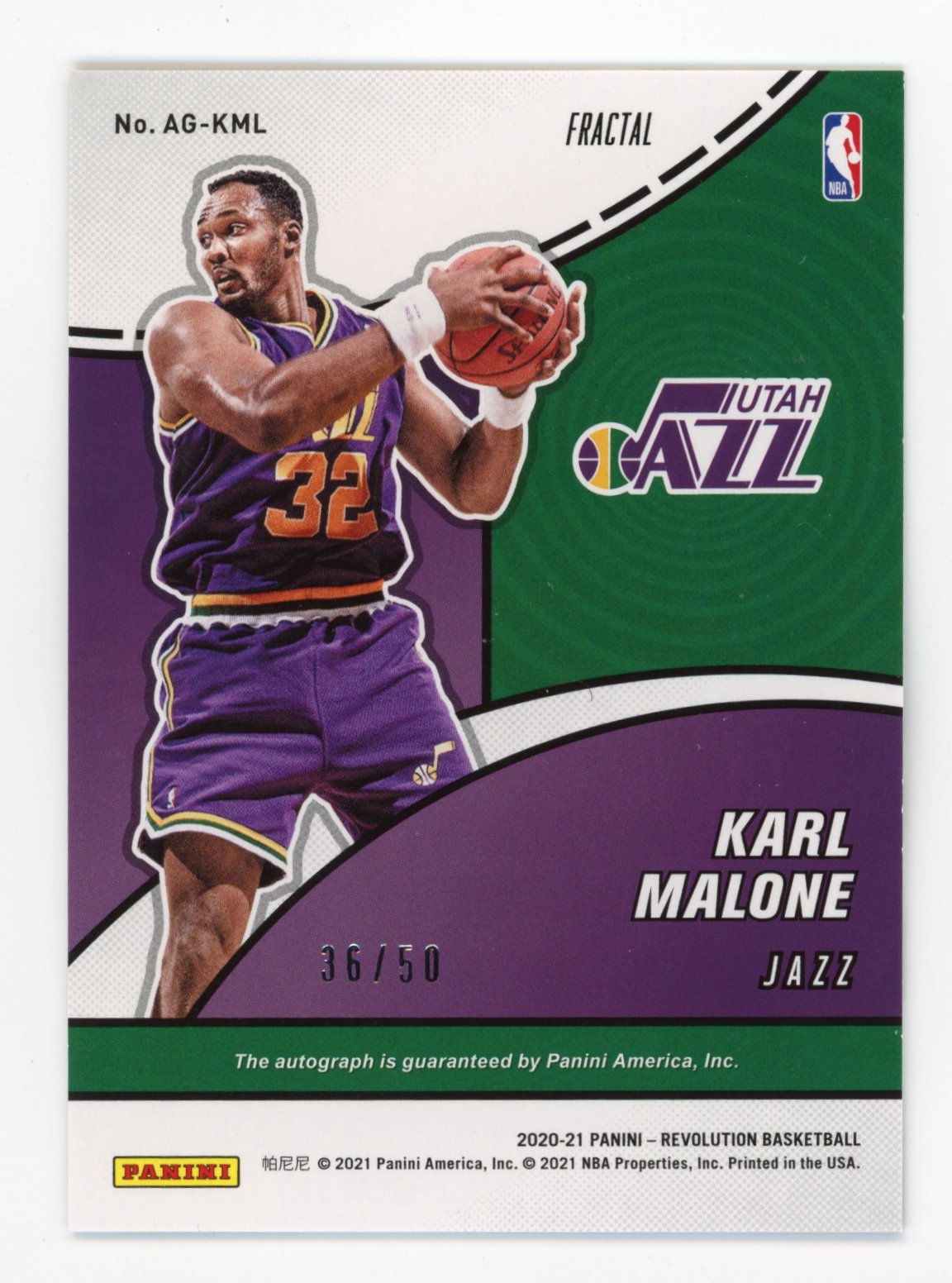 2020-21 Panini Revolution Karl Malone #AG-KML Autographs Fractal #/50 Utah Jazz