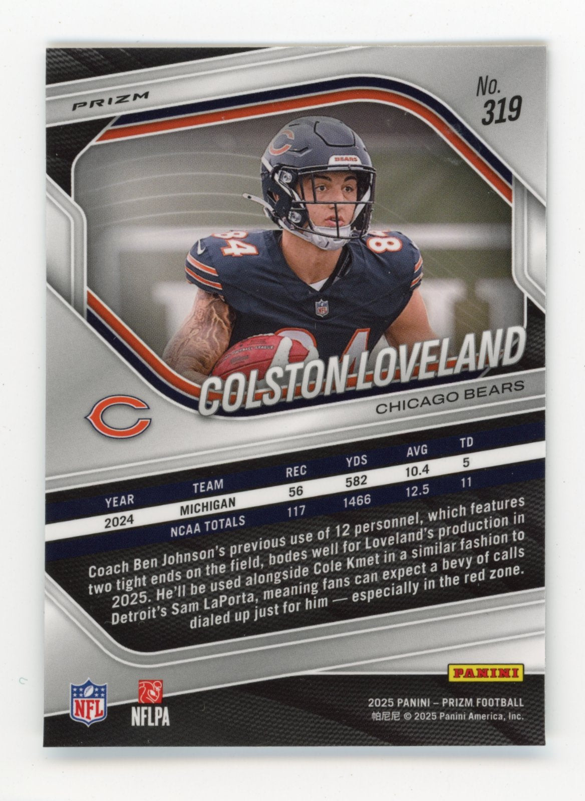 2025 Panini Prizm Colston Loveland #319 Silver Chicago Bears