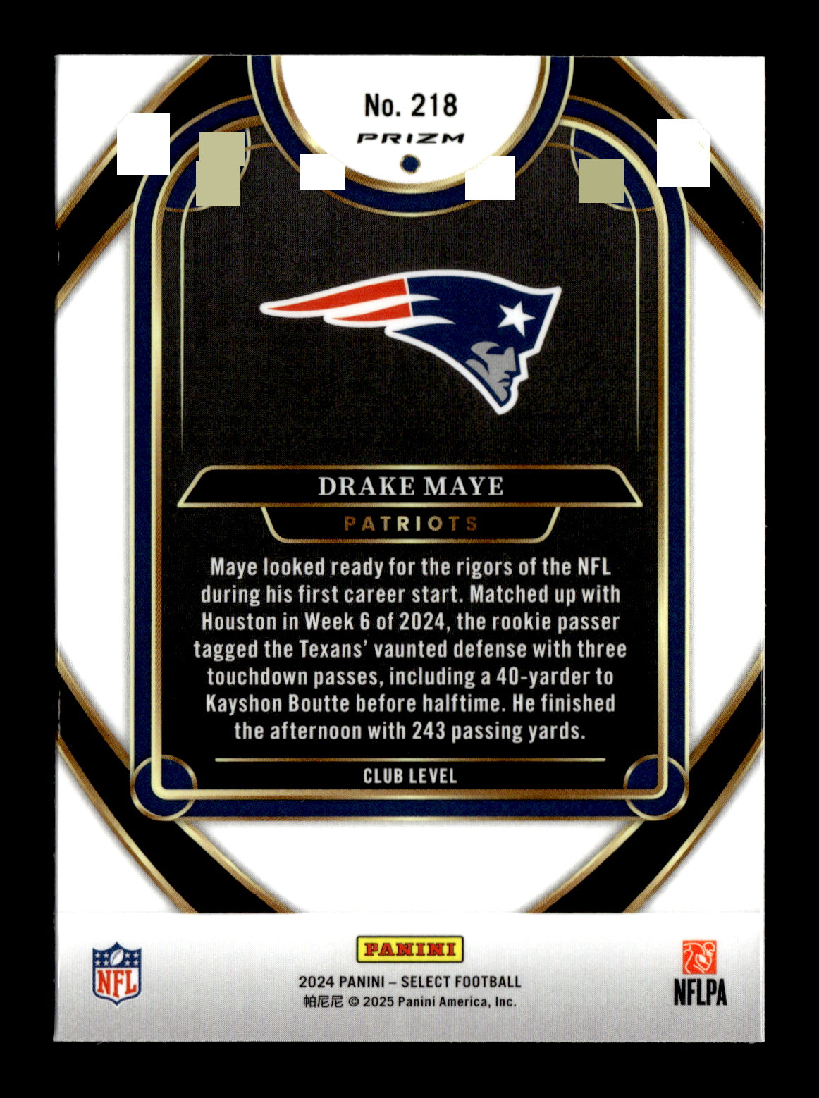 2024 Panini Select Drake Maye #218 Black & Orange Prizm Shock New England Patriots