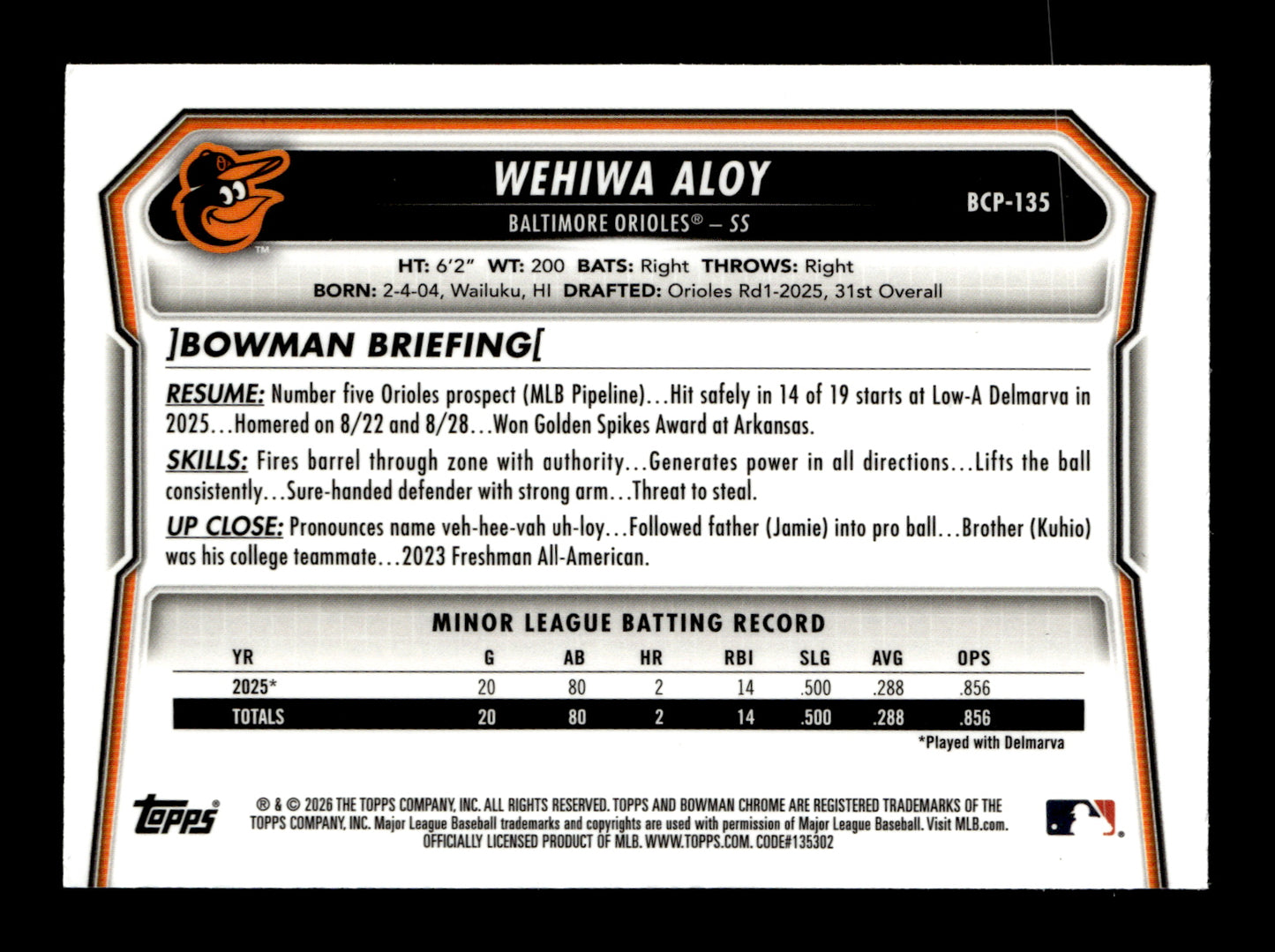 2026 Bowman Wehiwa Aloy #BCP-135 Chrome Prospects Reptilian Refractor Baltimore Orioles