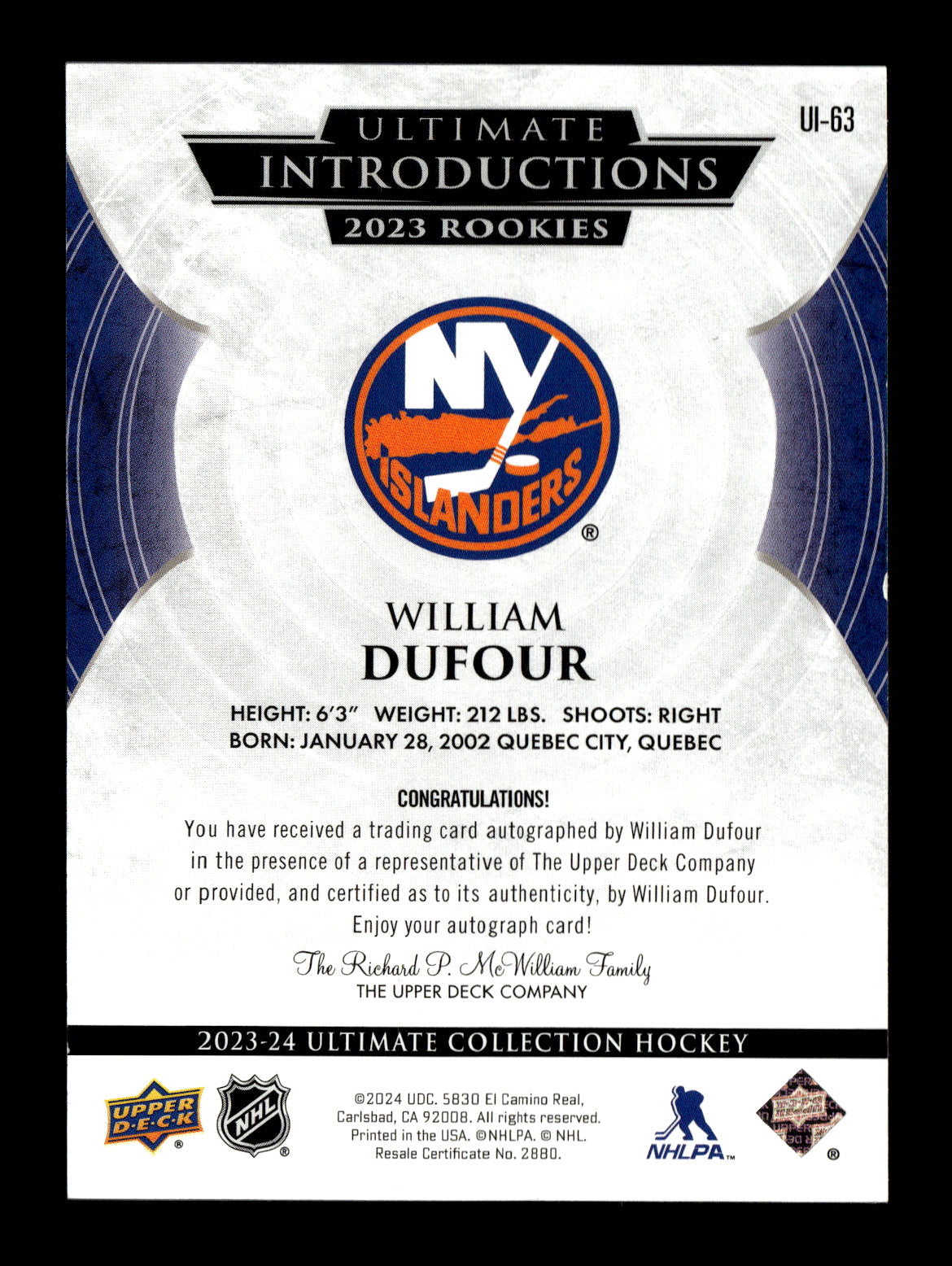 2023-24 Upper Deck Ultimate Collection William Dufour #UI-63 Ultimate Introductions Autographs New York Islanders