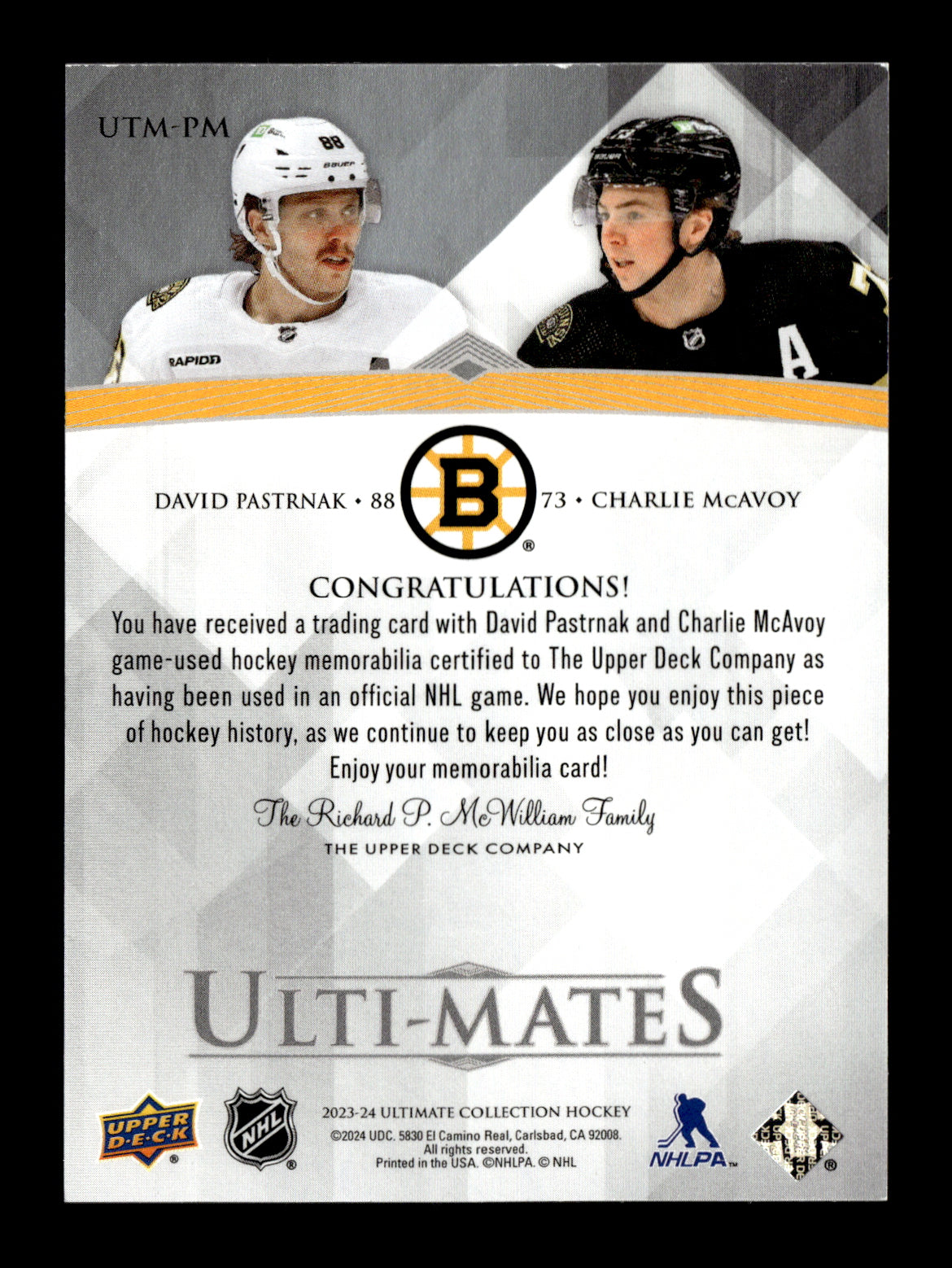 2023-24 Upper Deck Ultimate Collection David Pastrnak / Charlie McAvoy #UTM-PM Ulti-Mates Dual Jersey Boston Bruins