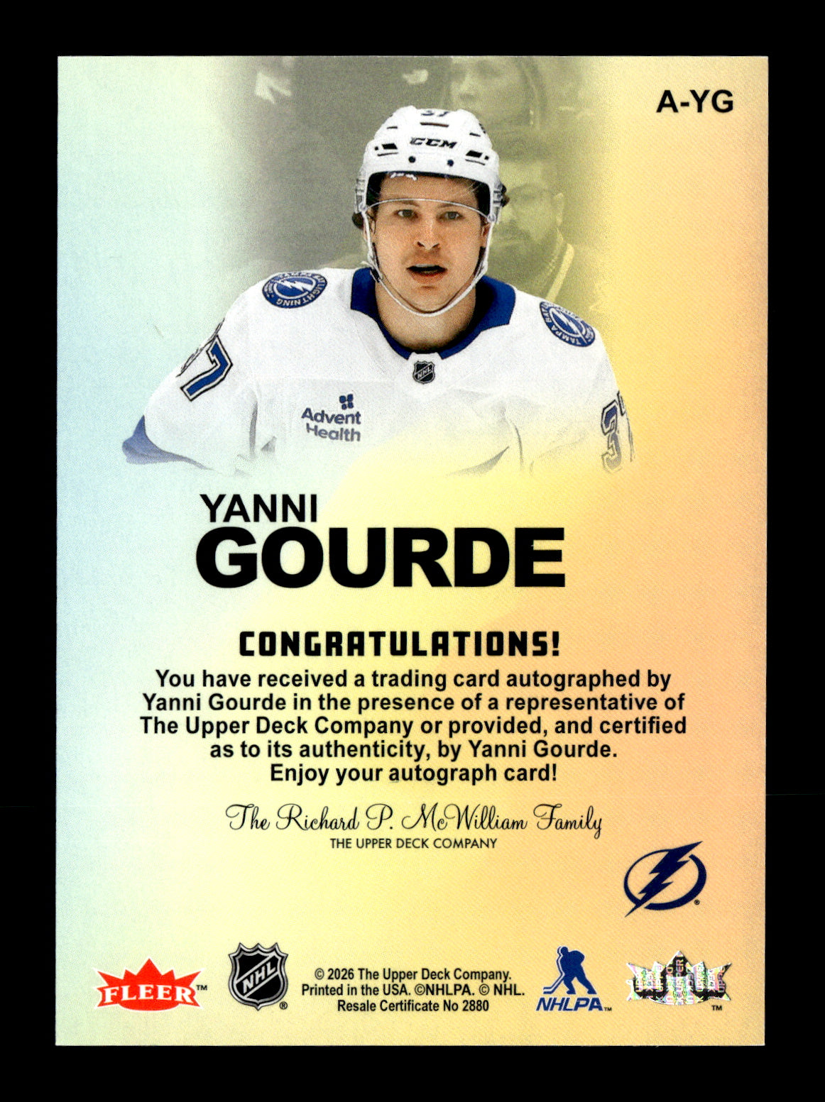 2025-26 Flair Yanni Gourde #A-YG Autographics Tampa Bay Lightning