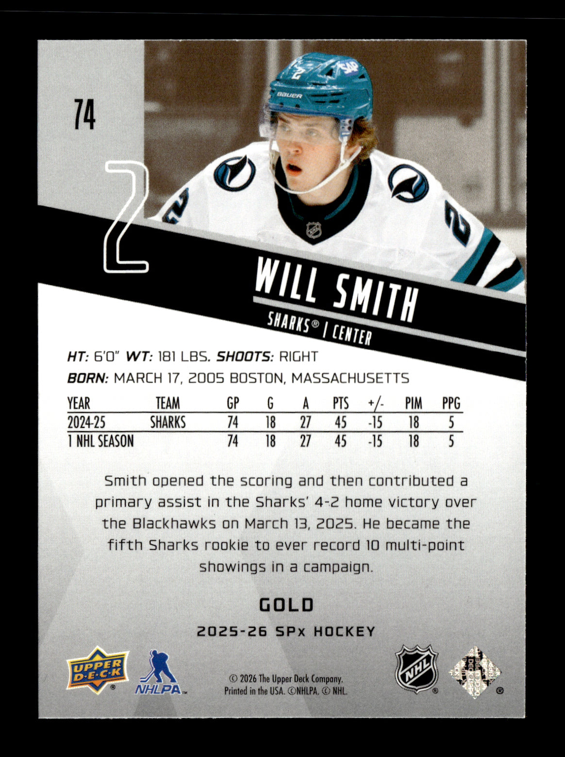 2025-26 SPx Will Smith #74 Gold San Jose Sharks