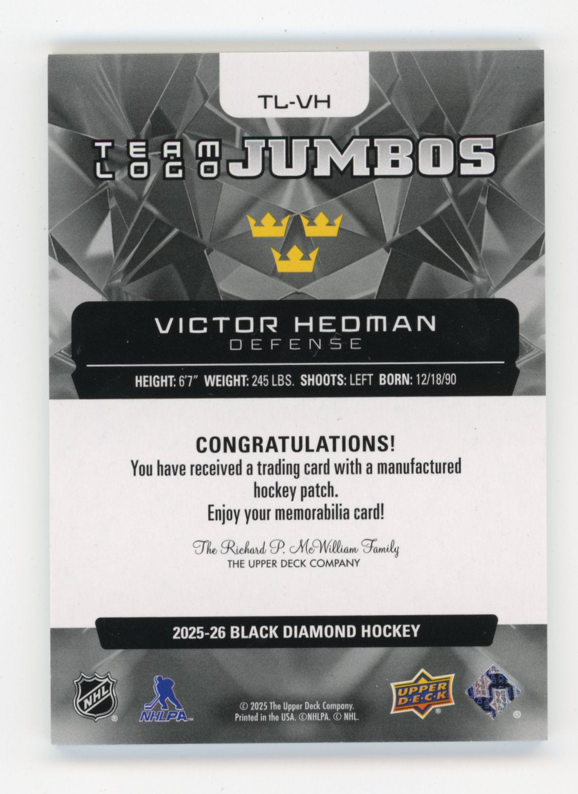 2025-26 Upper Deck Black Diamond Victor Hedman #TL-VH Team Logo Jumbo 4 Nations Face-Off Team Sweden Sweden