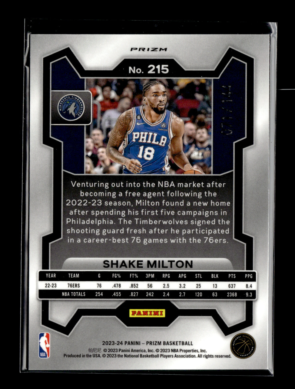 2023-24 Panini Prizm Shake Milton #215 Prizms Blue Sparkle #/144 Minnesota Timberwolves