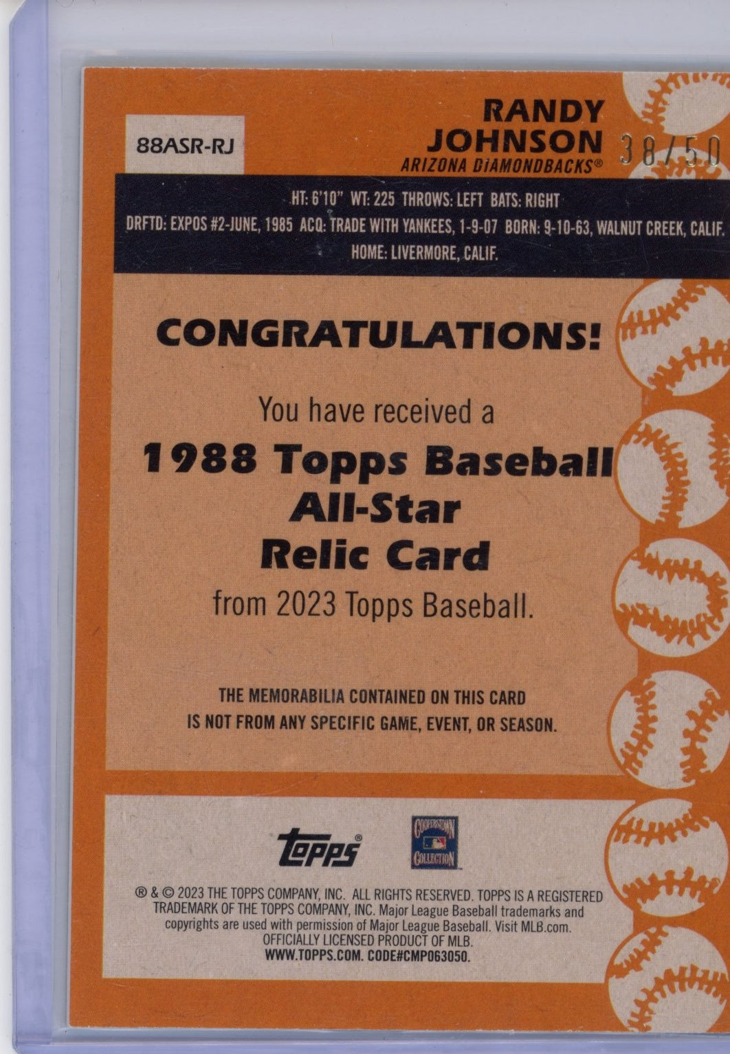 2023 Topps Randy Johnson #88ASR-RJ 1988 Topps Baseball 35th Anniversary All-Stars Relics Gold #/50 Arizona Diamondbacks