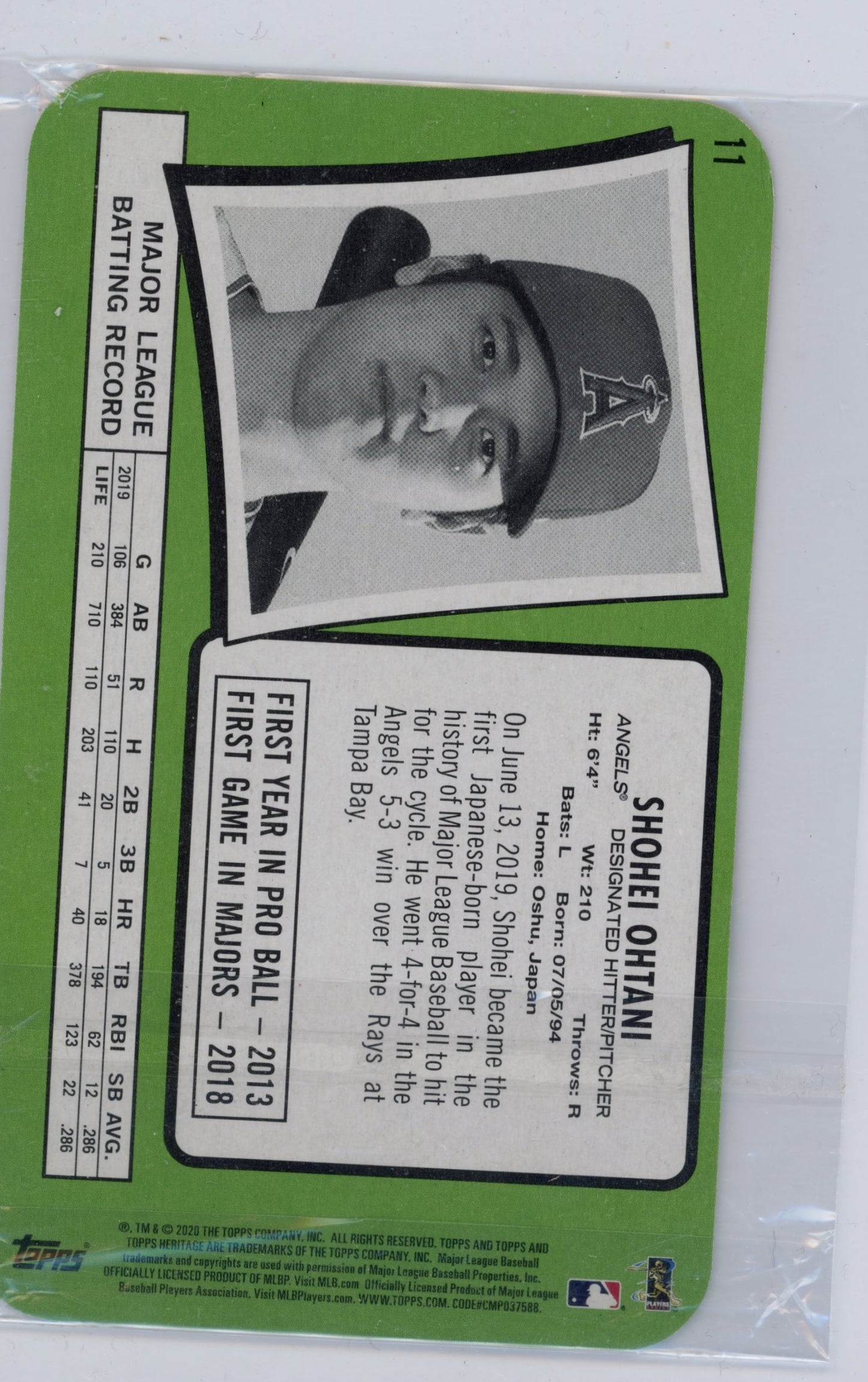 2020 Topps Heritage Shohei Ohtani #11 1971 Topps Super Baseball Box Toppers Los Angeles Angels