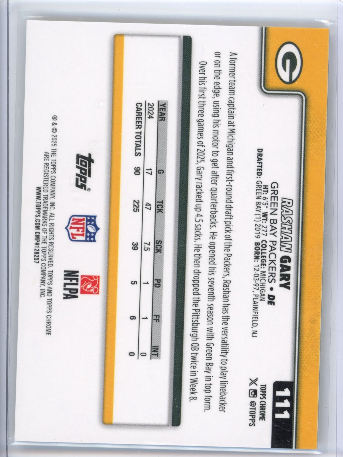 2025 Topps Chrome Rashan Gary #111 Refractor Green Bay Packers Gold Lava #/50