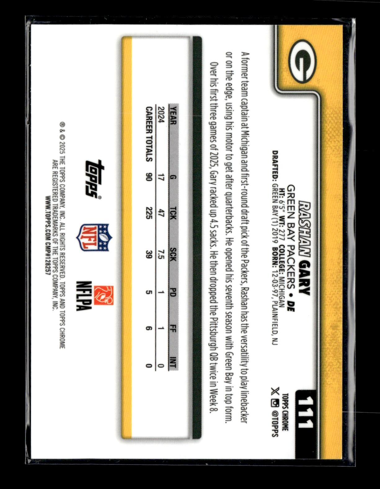 2025 Topps Chrome Rashan Gary #111 Gold Geometric Refractor #/50 Green Bay Packers
