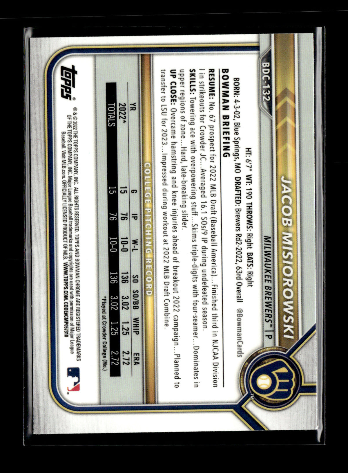 2022 Bowman Draft Jacob Misiorowski #BDC-132 Chrome Milwaukee Brewers