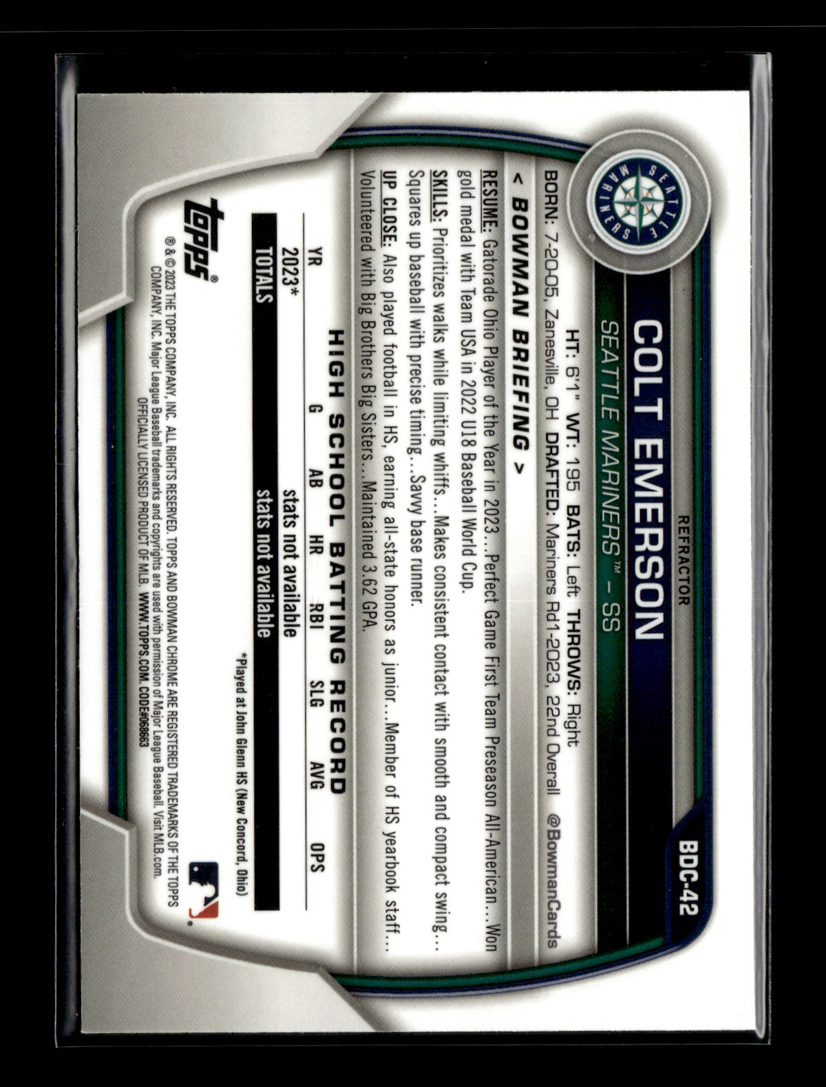 2023 Bowman Draft Colt Emerson #BDC-42 Chrome Refractor Seattle Mariners