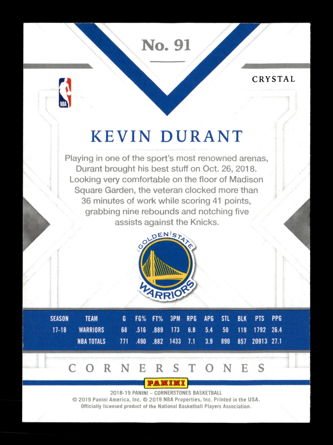 2018-19 Panini Cornerstones Kevin Durant #91 Crystal #/79 Golden State Warriors