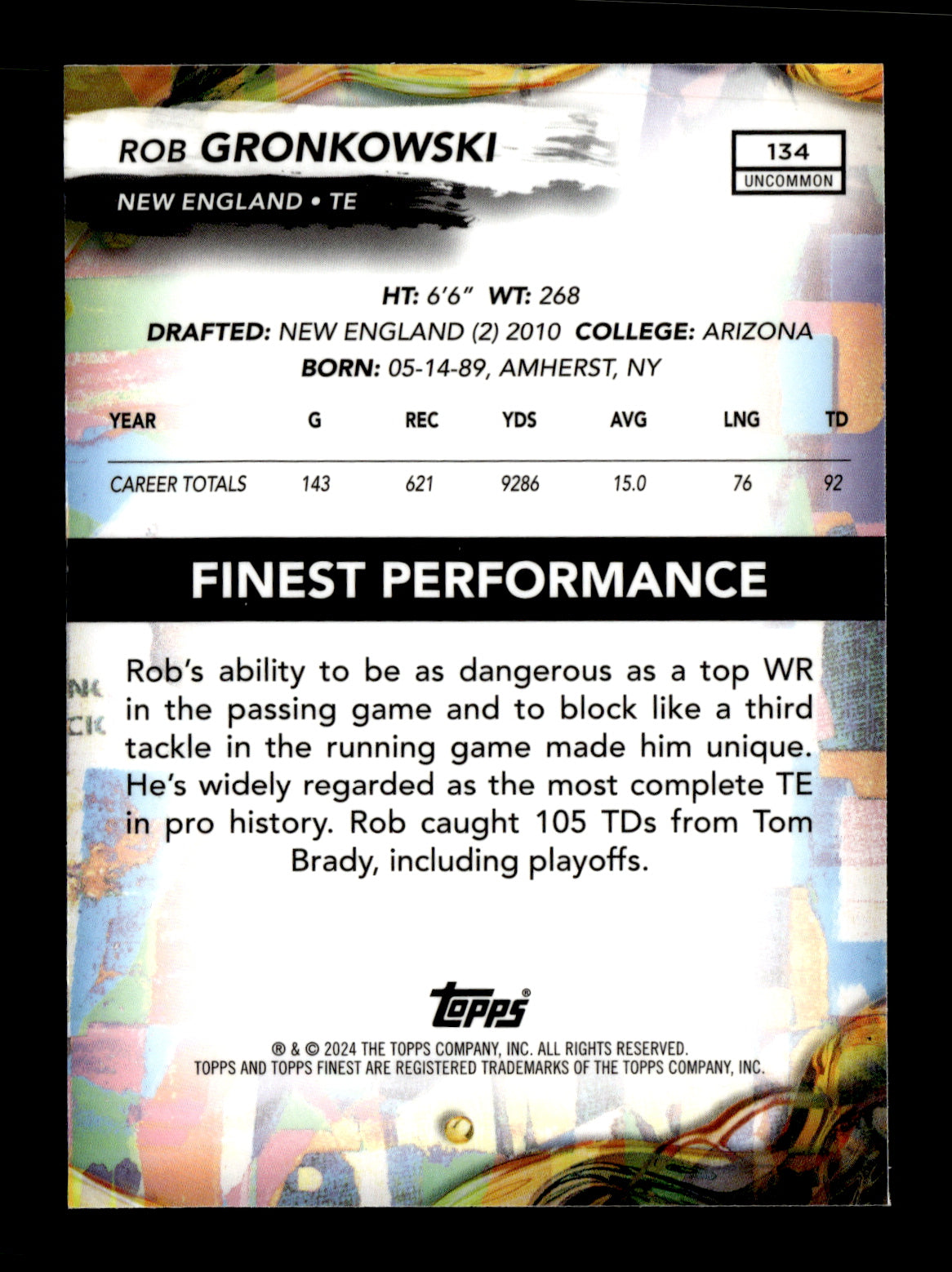 2024 Finest Rob Gronkowski #134 Blue Refractor #/150 New England Patriots