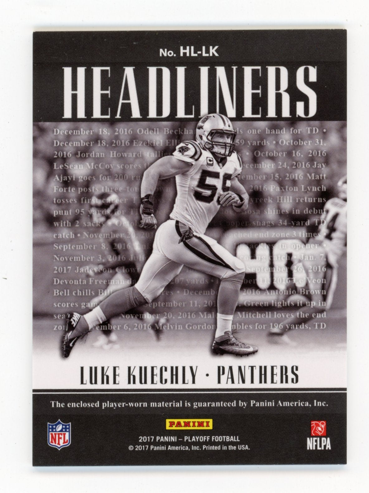 2017 Panini Playoff Luke Kuechly #HL-LK Headliners #/99 Carolina Panthers