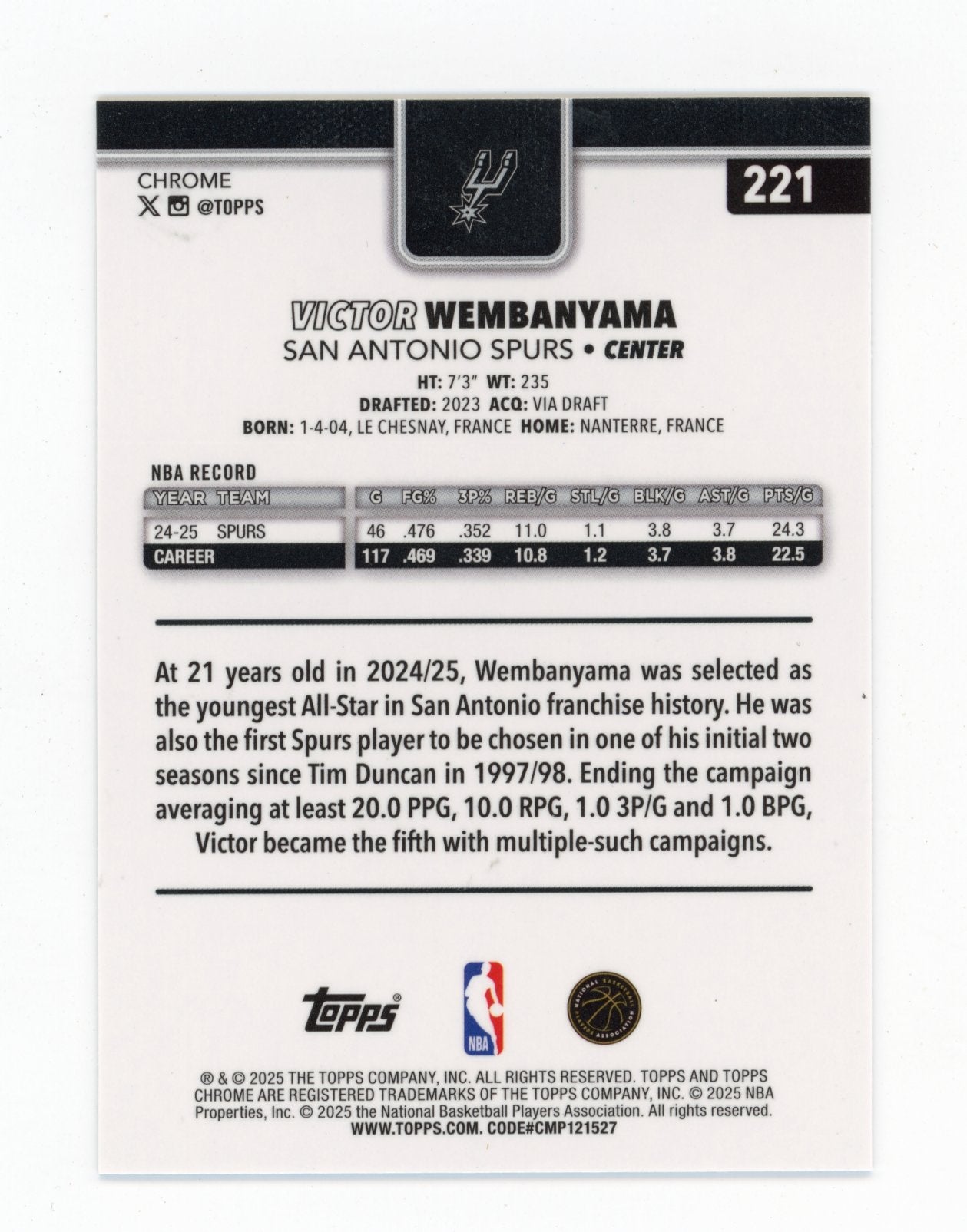 2025-26 Topps Chrome Victor Wembanyama #221 RayWave Refractor San Antonio Spurs