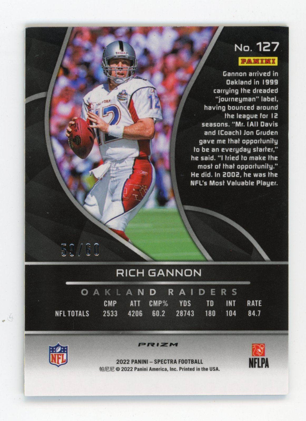 2022 Panini Spectra Rich Gannon #127 Interstellar #/60 Oakland Raiders