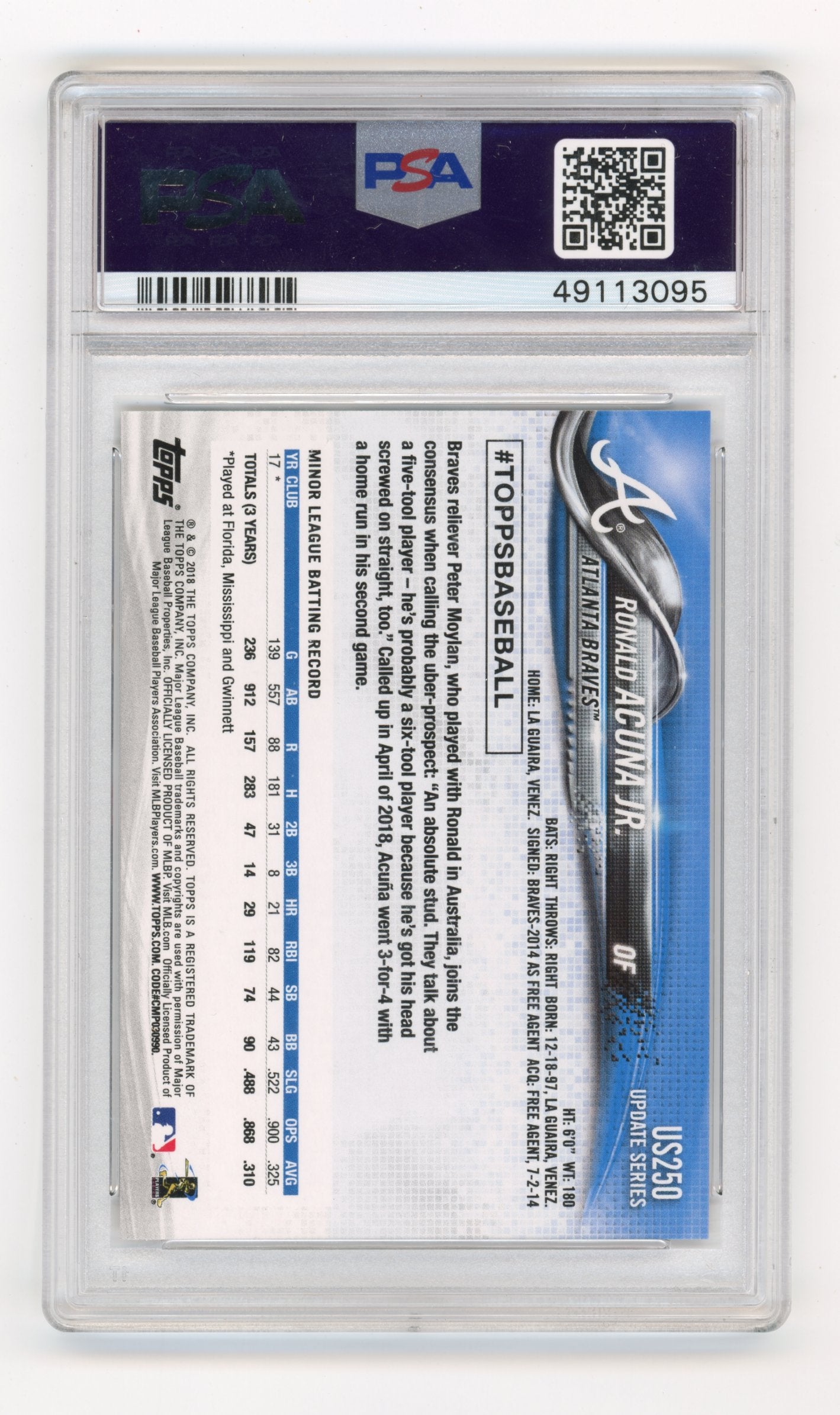 2018 Topps Update Ronald Acuna Jr. #US250 PSA 10 Atlanta Braves