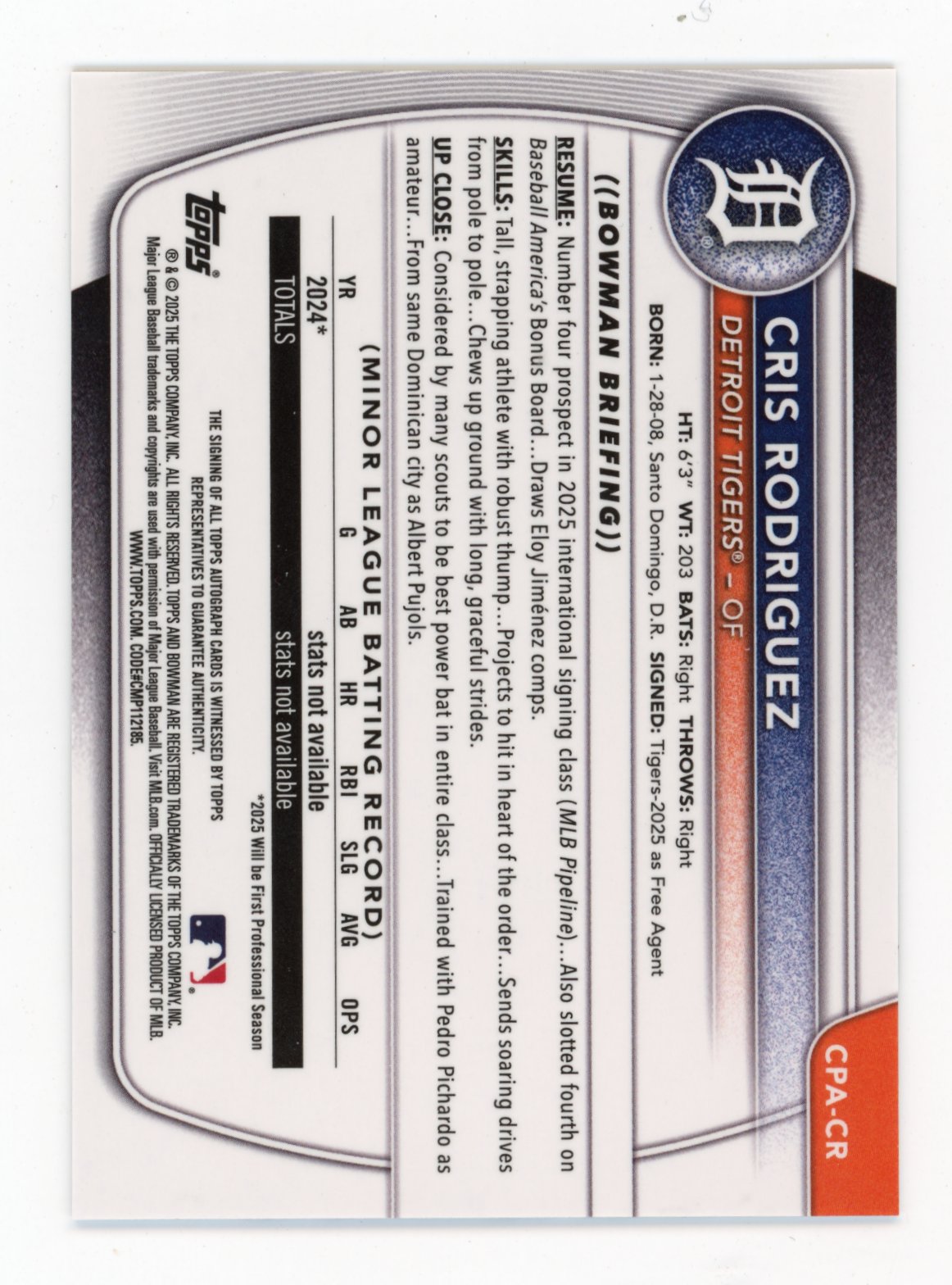2025 Bowman Chrome Cris Rodriguez #CPA-CR Prospect Autographs Detroit Tigers