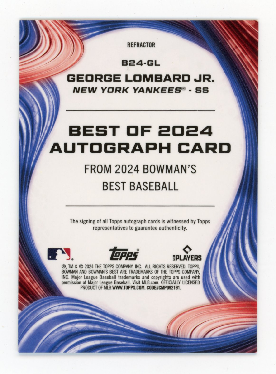 2024 Bowman's Best George Lombard Jr. #B24-GL Autographs Refractors Yankees