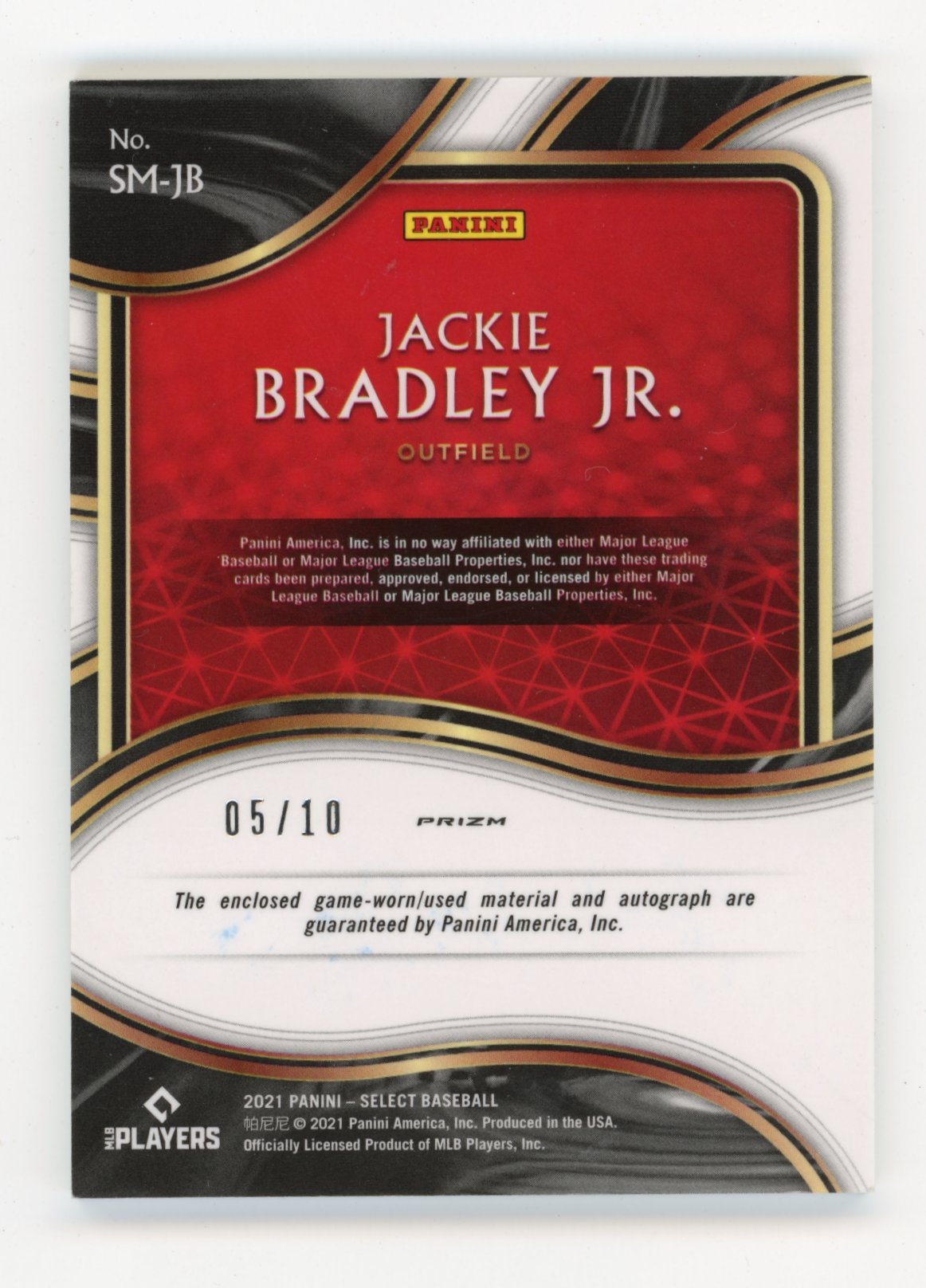 2021 Select Jackie Bradley Jr. #SM-JB Signature Materials Gold /10 Red Sox