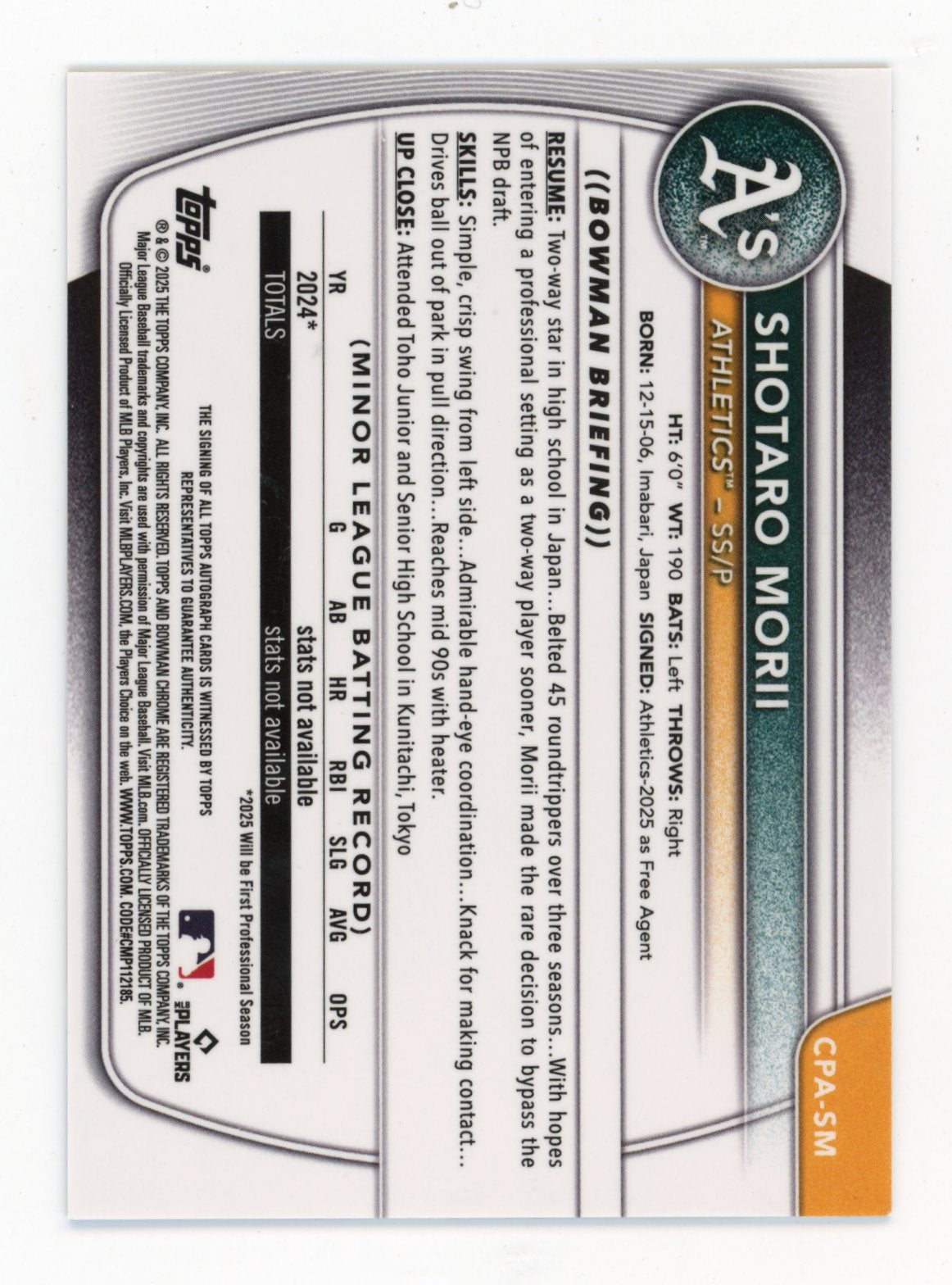 2025 Bowman Chrome Shotaro Morii #CPA-SM Prospect Autographs Blue RayWave #/150 Athletics
