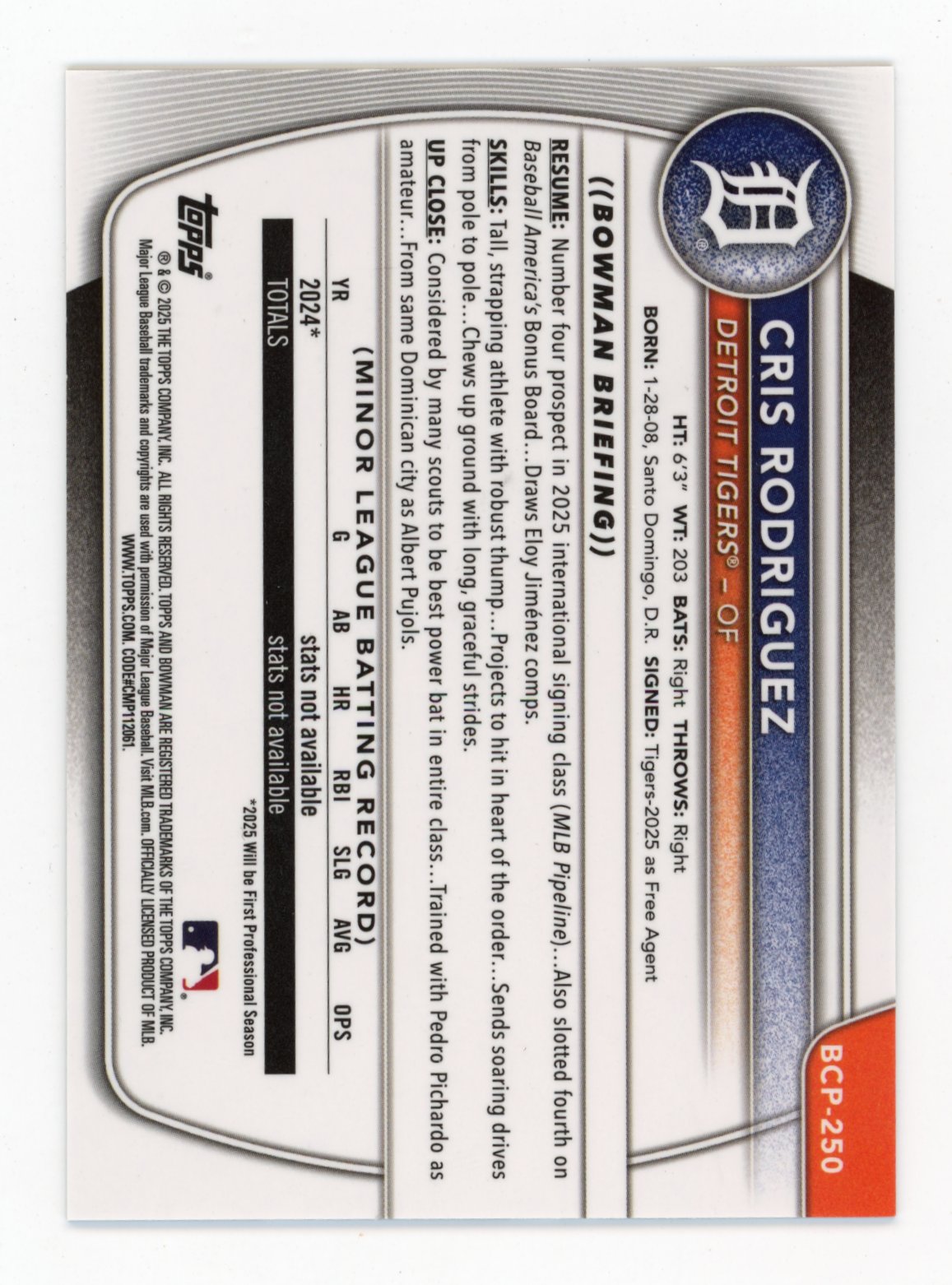 2025 Bowman Chrome Cris Rodriguez #BCP-250 Prospects Black Wave #/10 Detroit Tigers