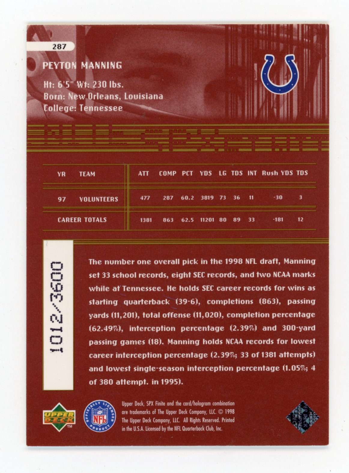 1998 SPx Finite Peyton Manning #287 Radiance #/3600 Indianapolis Colts