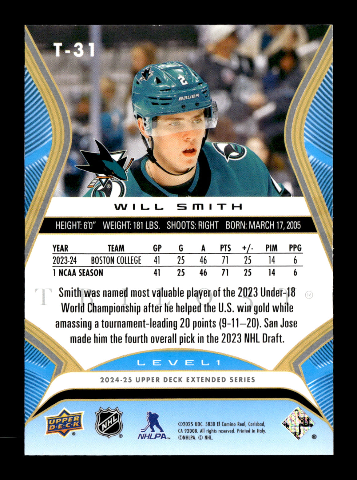 2024-25 Upper Deck Will Smith #T-31 Trilogy Rookie Premiere Level 1 #/999 San Jose Sharks
