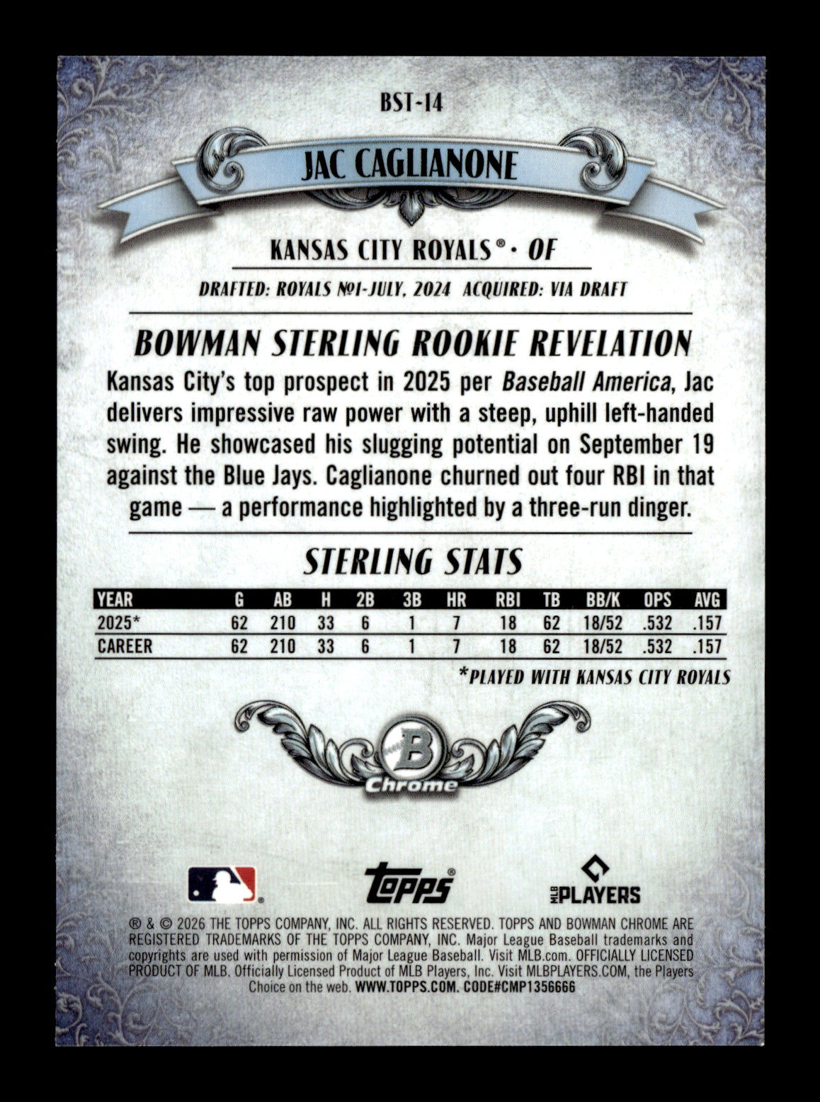 2026 Bowman Jac Caglianone #BST-14 Bowman Sterling Mojo Purple Refractors #/250 Kansas City Royals