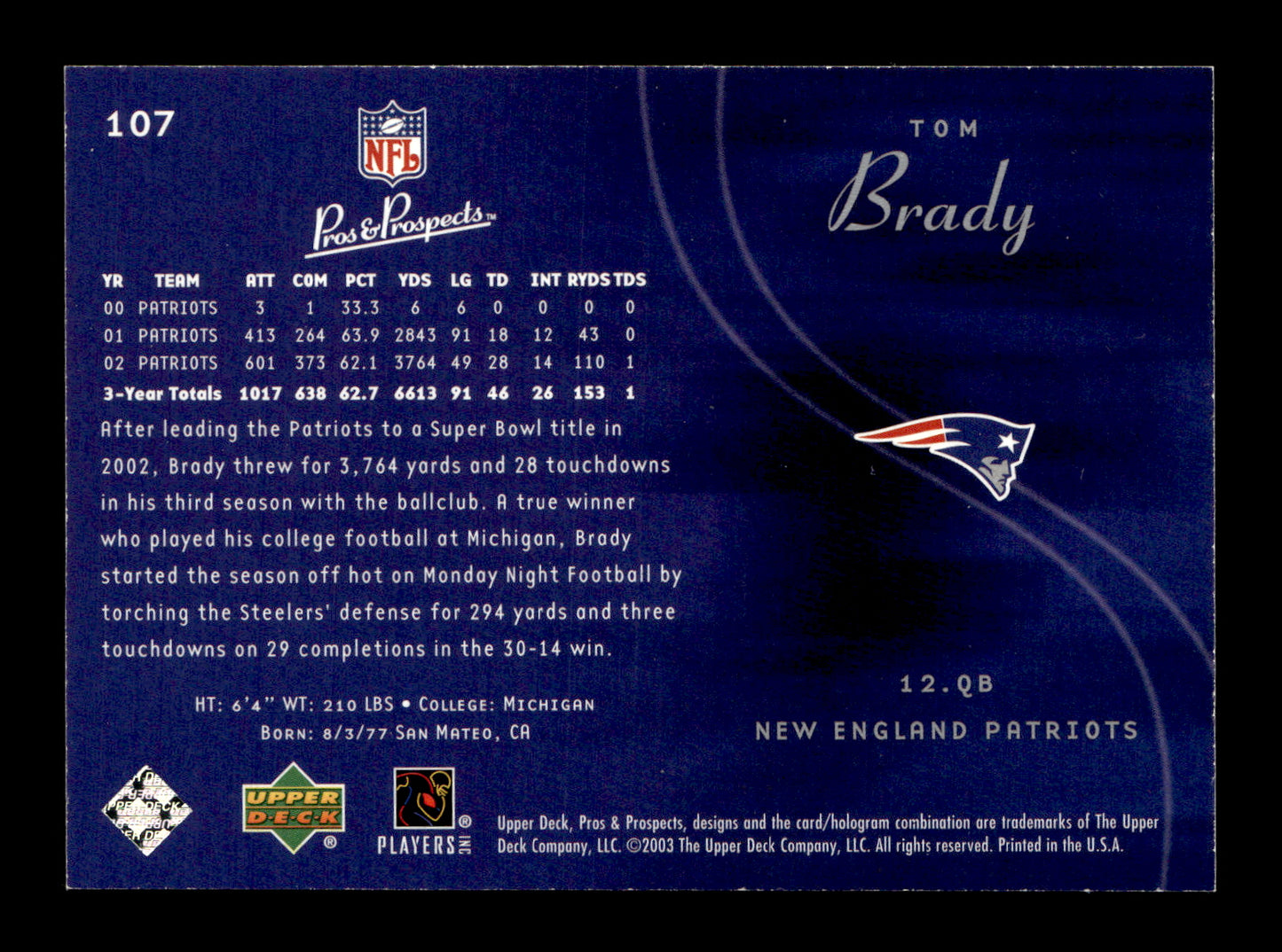 2003 Upper Deck Pros & Prospects Tom Brady #107 New England Patriots