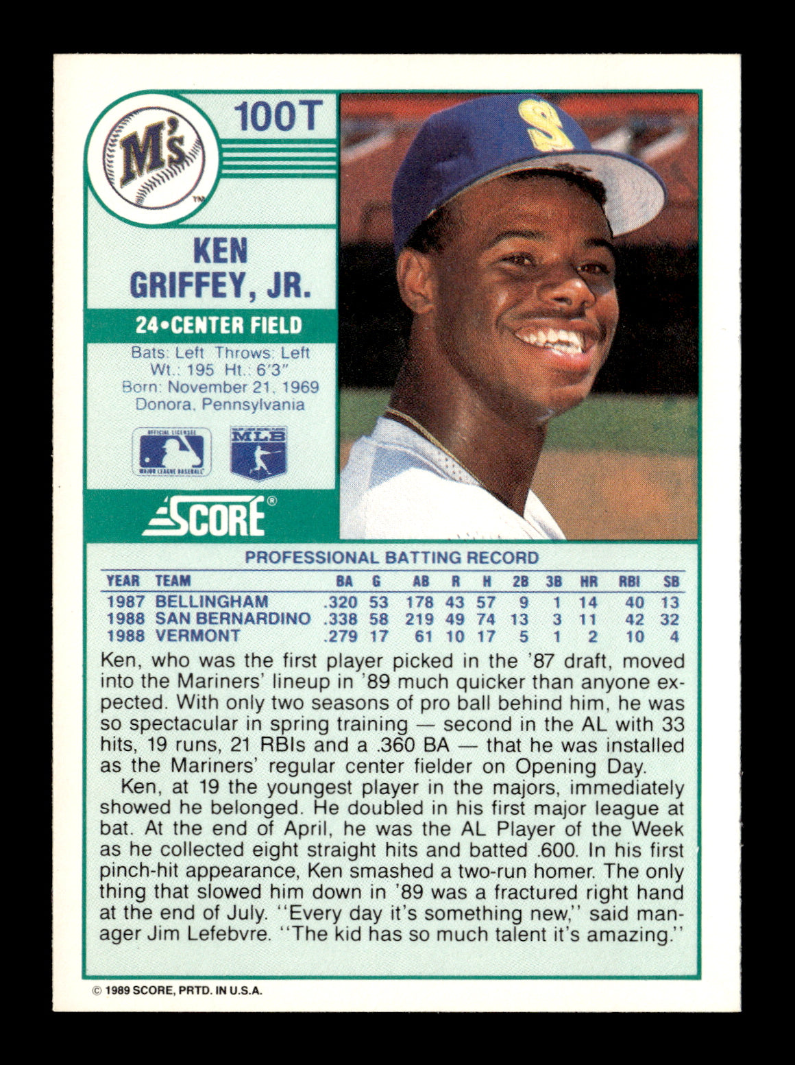 1989 Score Rookie & Traded Ken Griffey, Jr. #100T Seattle Mariners