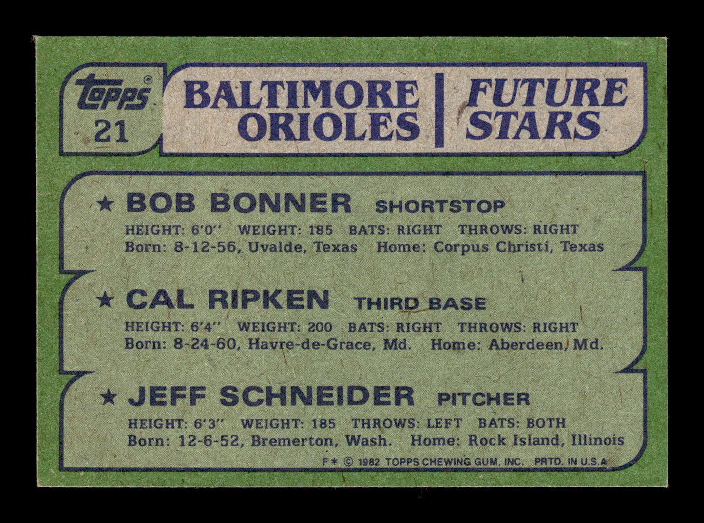 1982 Topps Orioles Future Stars (Bob Bonner / Cal Ripken / Jeff Schneider) #21 Baltimore Orioles