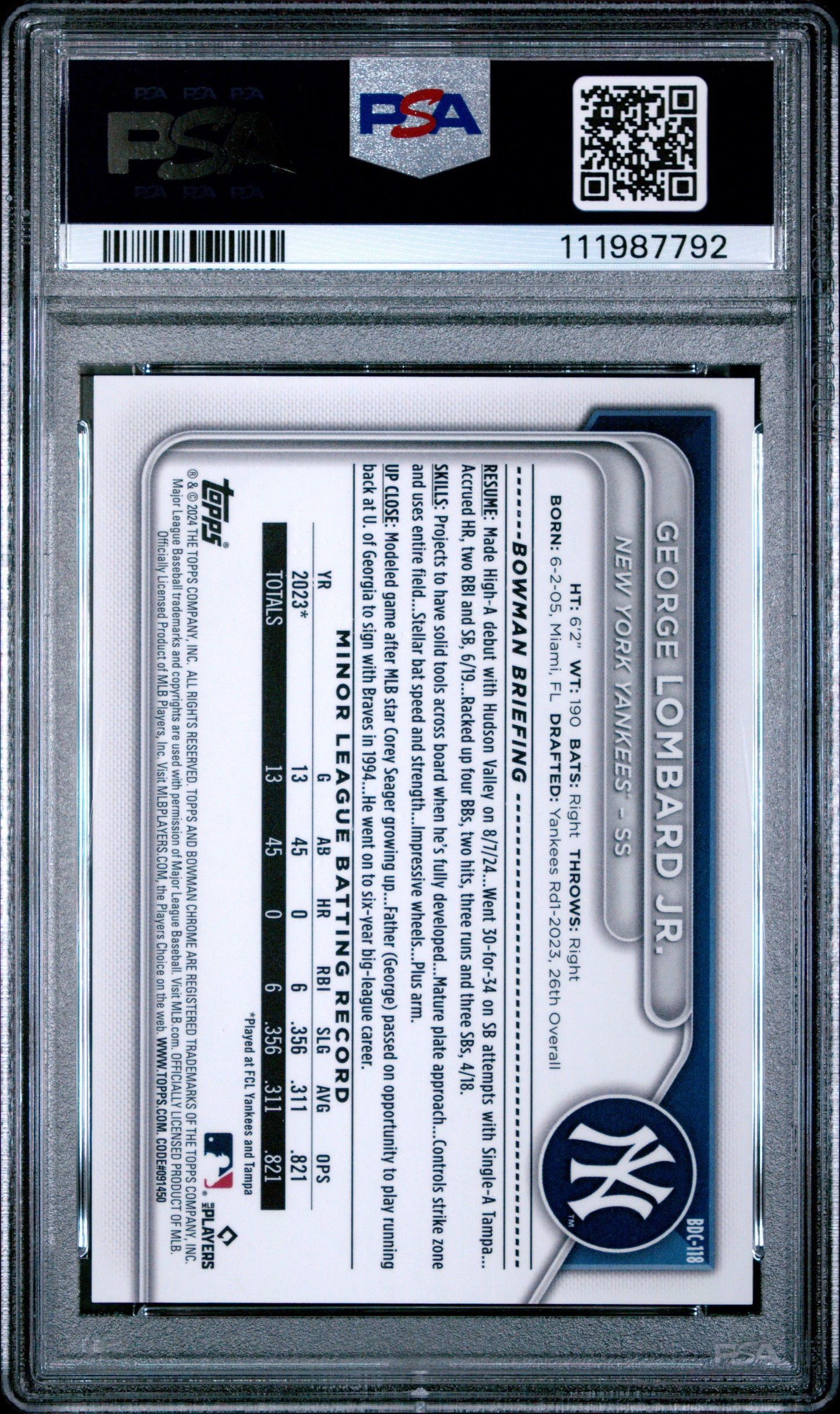 2024 Bowman Draft #BDC118 George Lombard Jr. Chrome-Rose Gold Lava PSA 10
