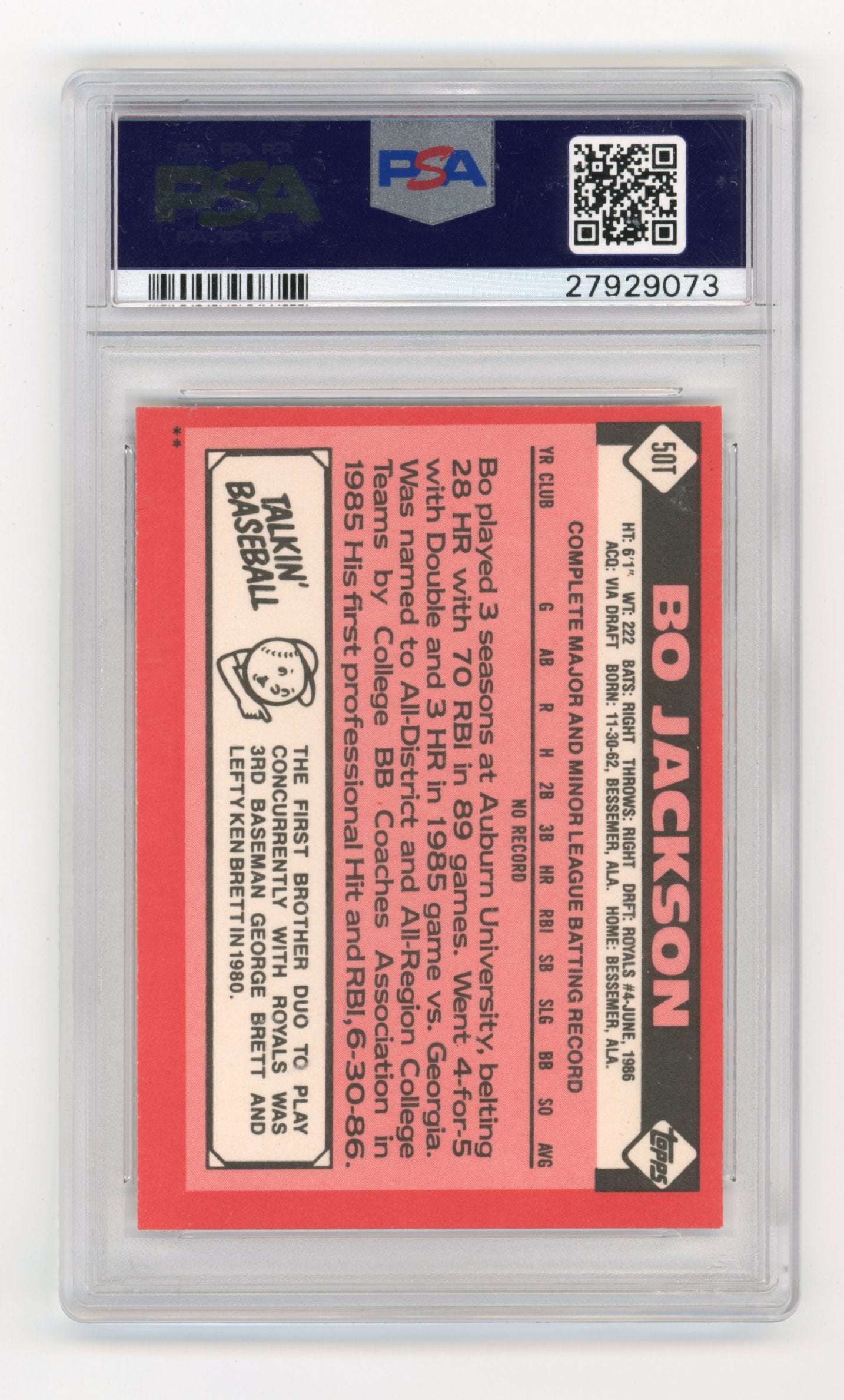 1986 Topps Traded Bo Jackson #50T - PSA 9 Royals