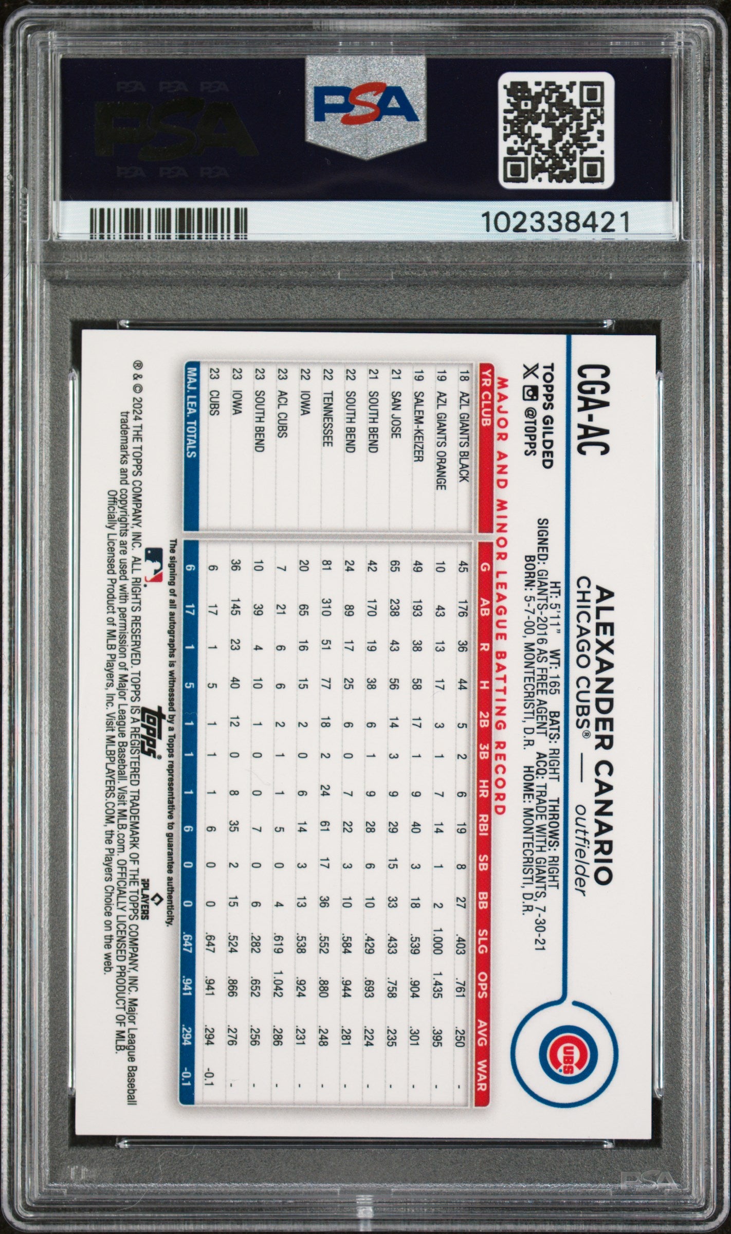2024 Topps Gilded Alexander Canario RC #CGA-AC - Auto Yellow/Gold #/75 PSA 10
