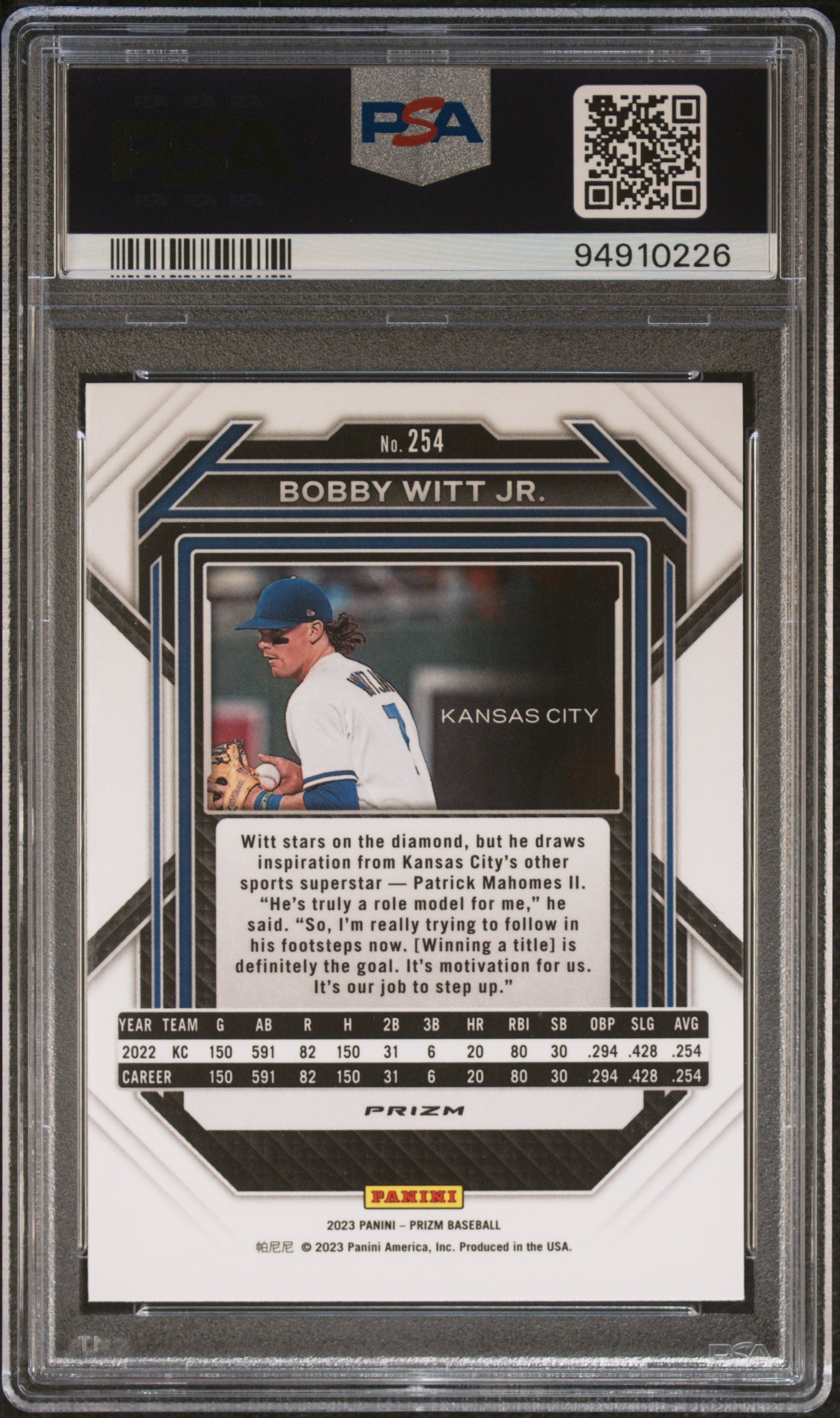 2023 Panini Prizm Bobby Witt Jr. #254 Blue Ice PSA 10 Royals