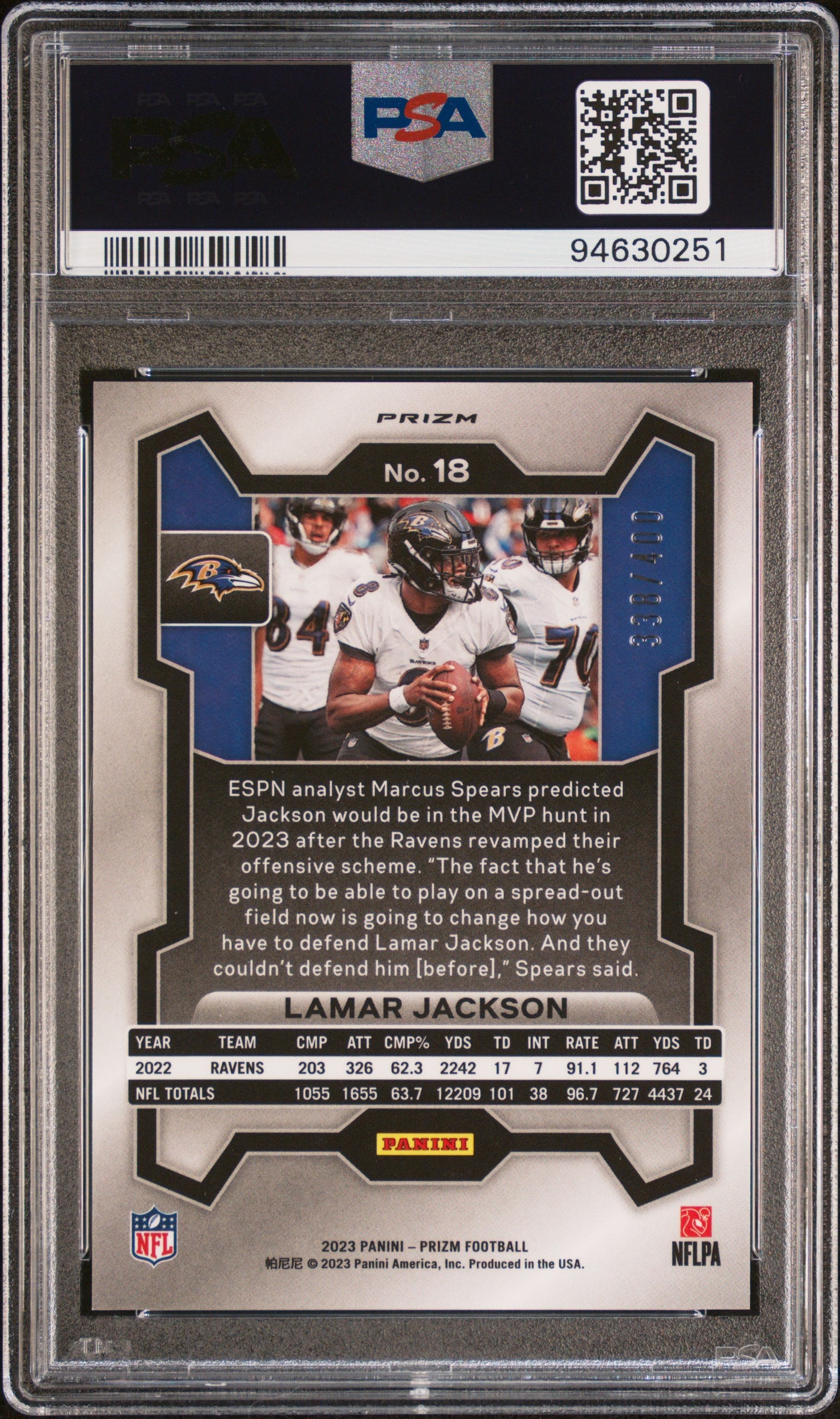 2023 Panini Prizm Lamar Jackson #18 Pandora PSA 10 Ravens
