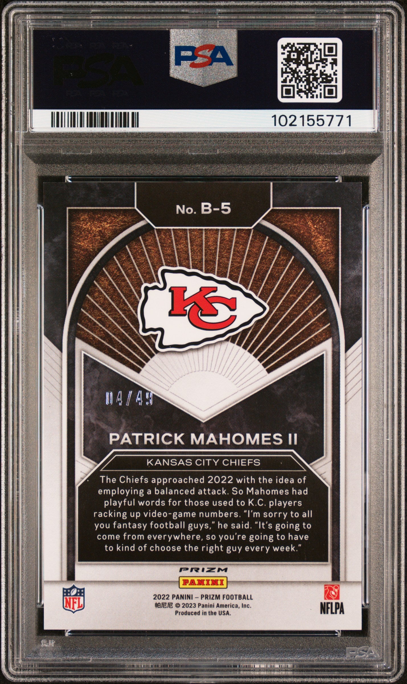 2022 Panini Prizm Brilliance Patrick Mahomes #B5 - Purple Power PSA 9