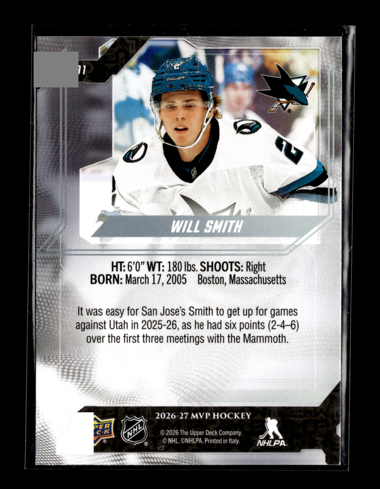 2026-27 Upper Deck MVP Will Smith #91 San Jose Sharks