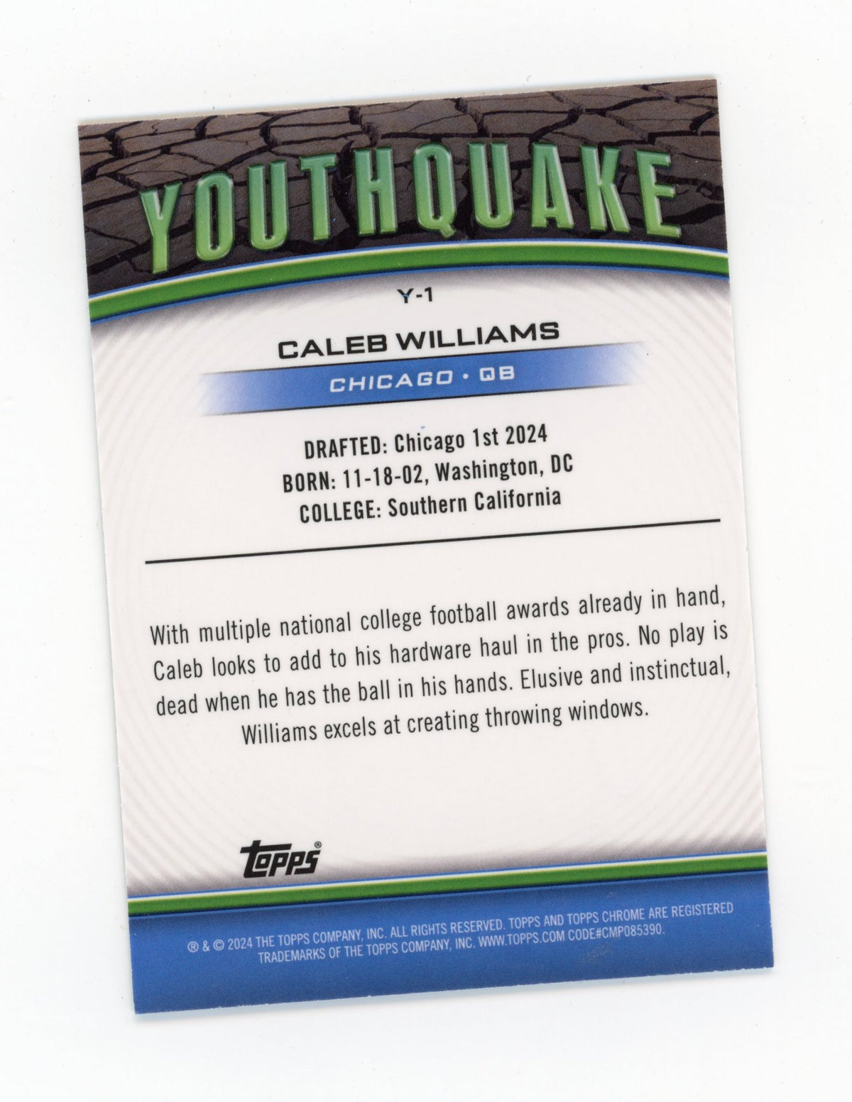 2024 Topps Chrome Caleb Williams #Y-1 Youthquake Pink Refractor Chicago Bears