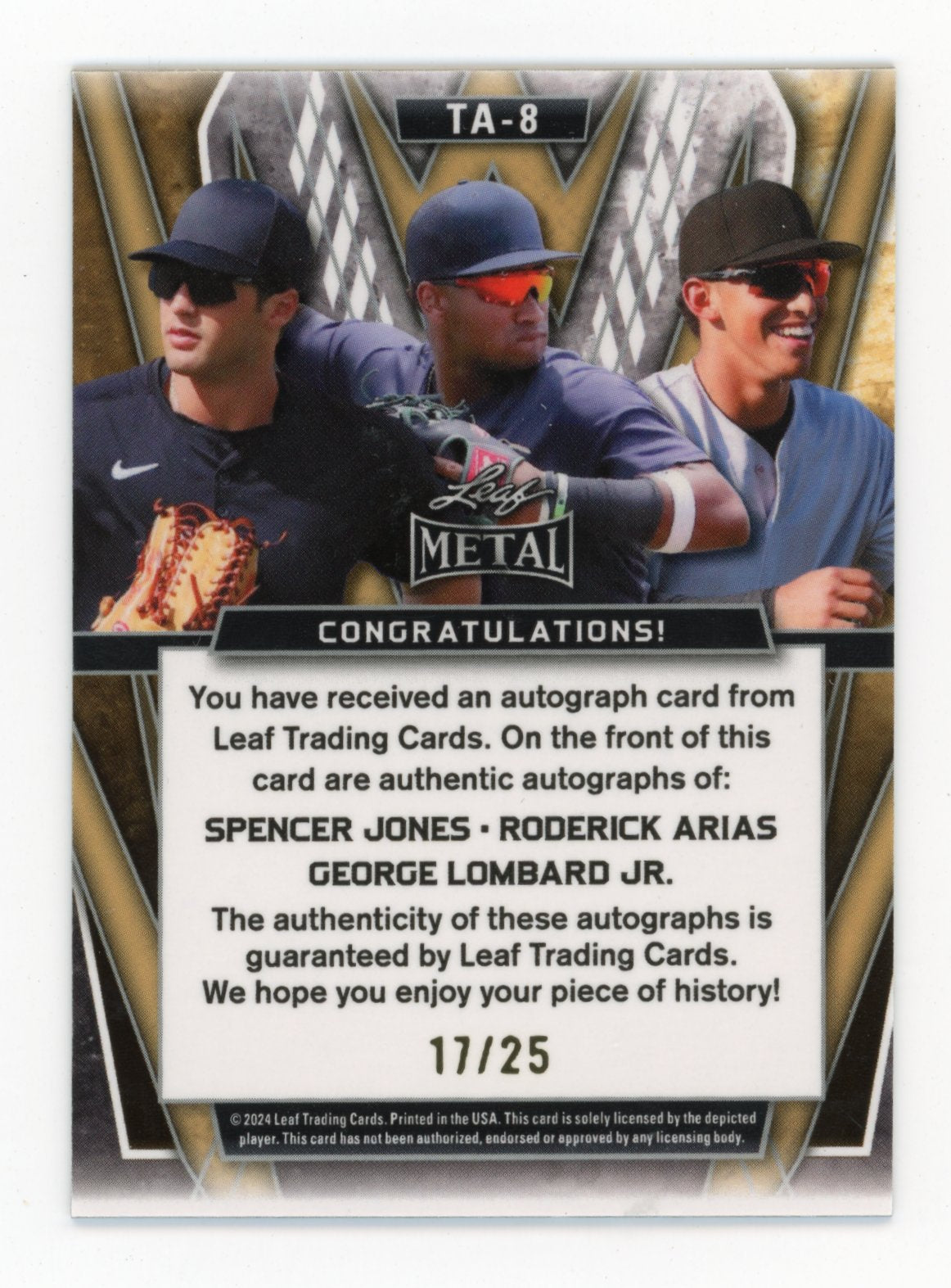 2024 Leaf Metal Spencer Jones Roderick Arias George Lombard Jr. Triple Auto /25